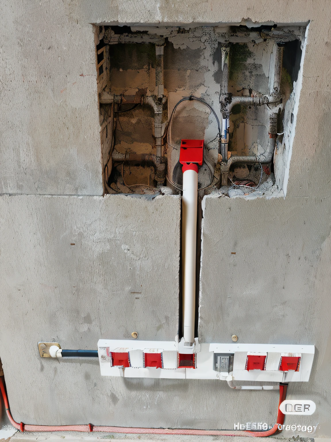 Pipes with red and white stripes are attached to the walls, Connected pipes, With tubes and wiring, top - view, Cables and wires come out, bottom - view, wires in background, Top view, detiled, opposite the lift-shaft, close up photograph, connected trough wired, electrical wires!, odd pipes