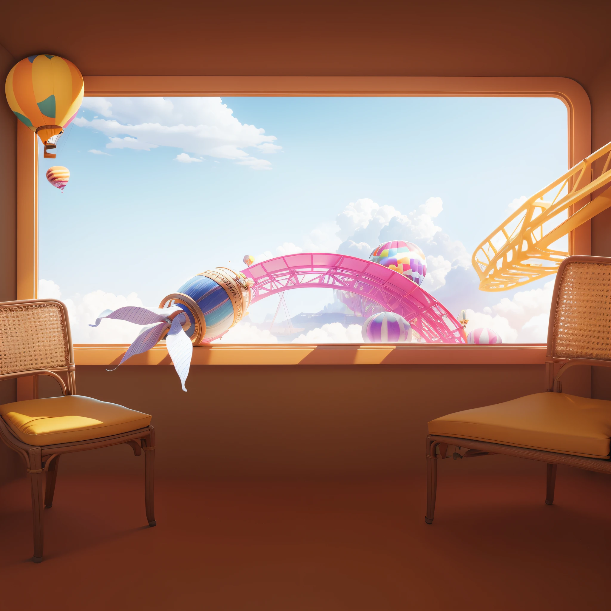 janelas，Rattan chair，Grab hand，roller coasters，A yellow hot air balloon，Skypark，Airbus，​​clouds，3Drenderingof,Dopamine Mood Paradise，Summer carnival style，Premium texture，high-class details，Studio lights