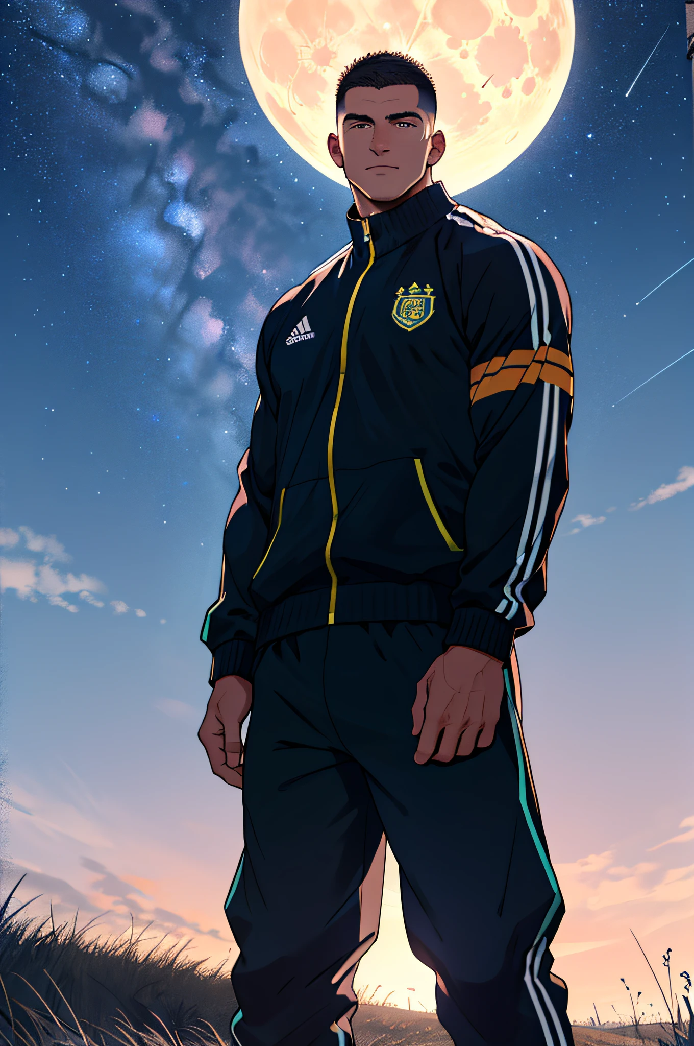 Draw a full-fledged footballer，Standing on the steppe at night，He was wearing a tracksuit，The man looks confident and determined，looking-down，Crew cut，full bodyesbian，Stars dot the sky，shooting from below，Big moon highlights background