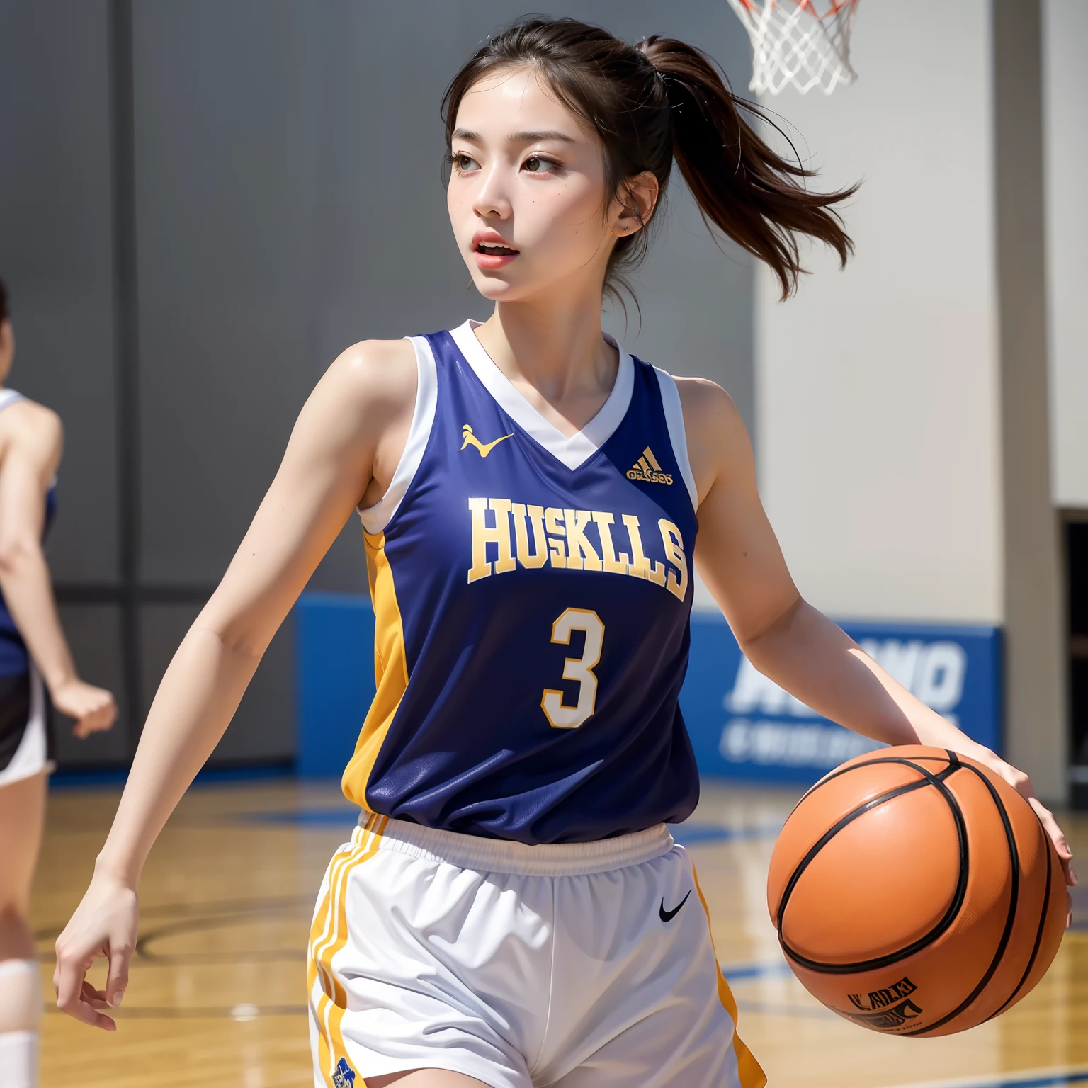 masterpiece, best quality:1.2), solo, 1girl, sweating, girl with basketball jersey, girl playing basketball, muscle