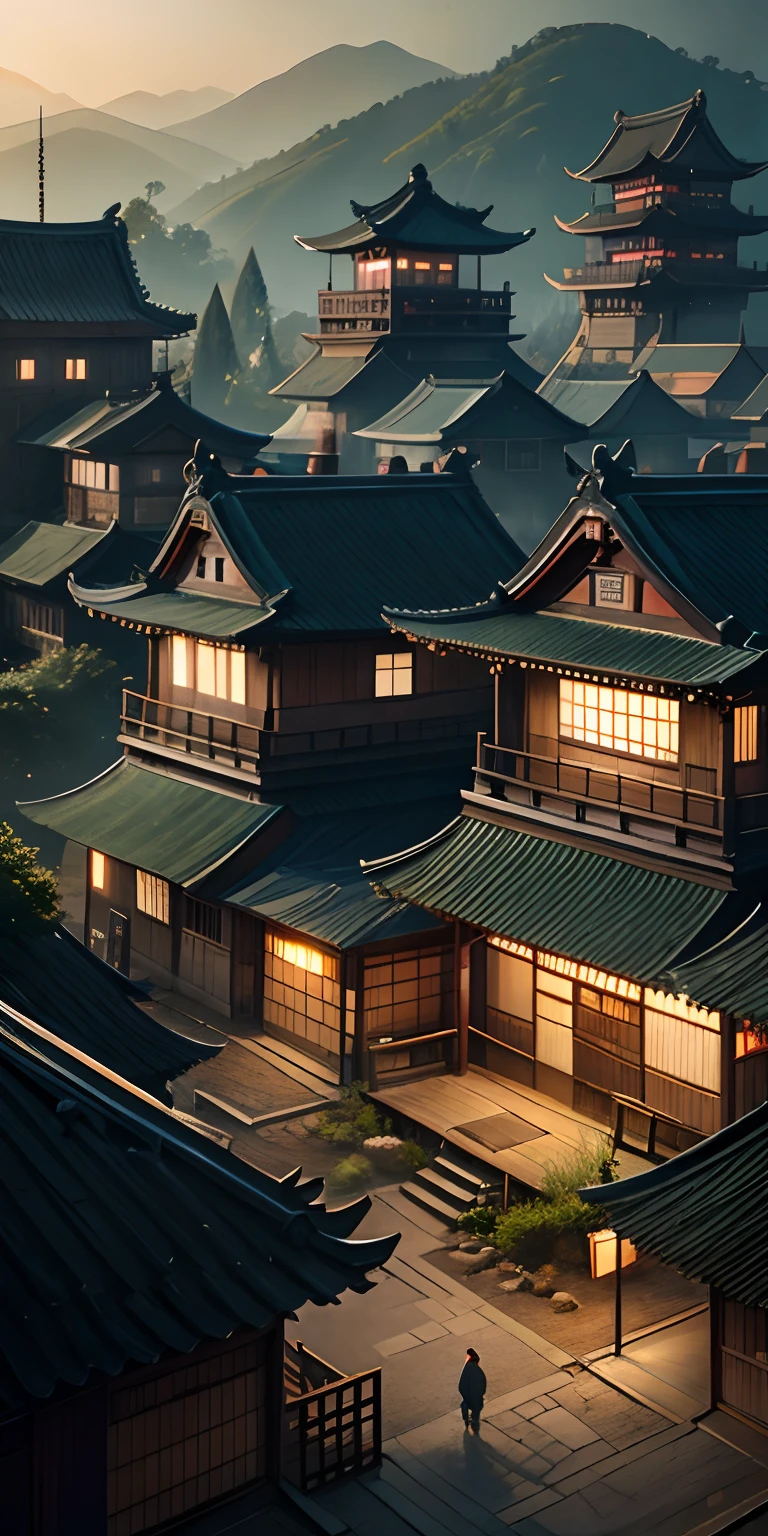 arafed view of a village with a lot of lights on the buildings, dreamy chinese town, chinese village, amazing wallpaper, japanese town, japanese village, hyper realistic photo of a town, old asian village, japanese city, by Raymond Han, sunny morning, cyberpunk chinese ancient castle, beautifully lit buildings, at morning, beautiful and aesthetic, photography, cinematic, 8k, high detailed)
