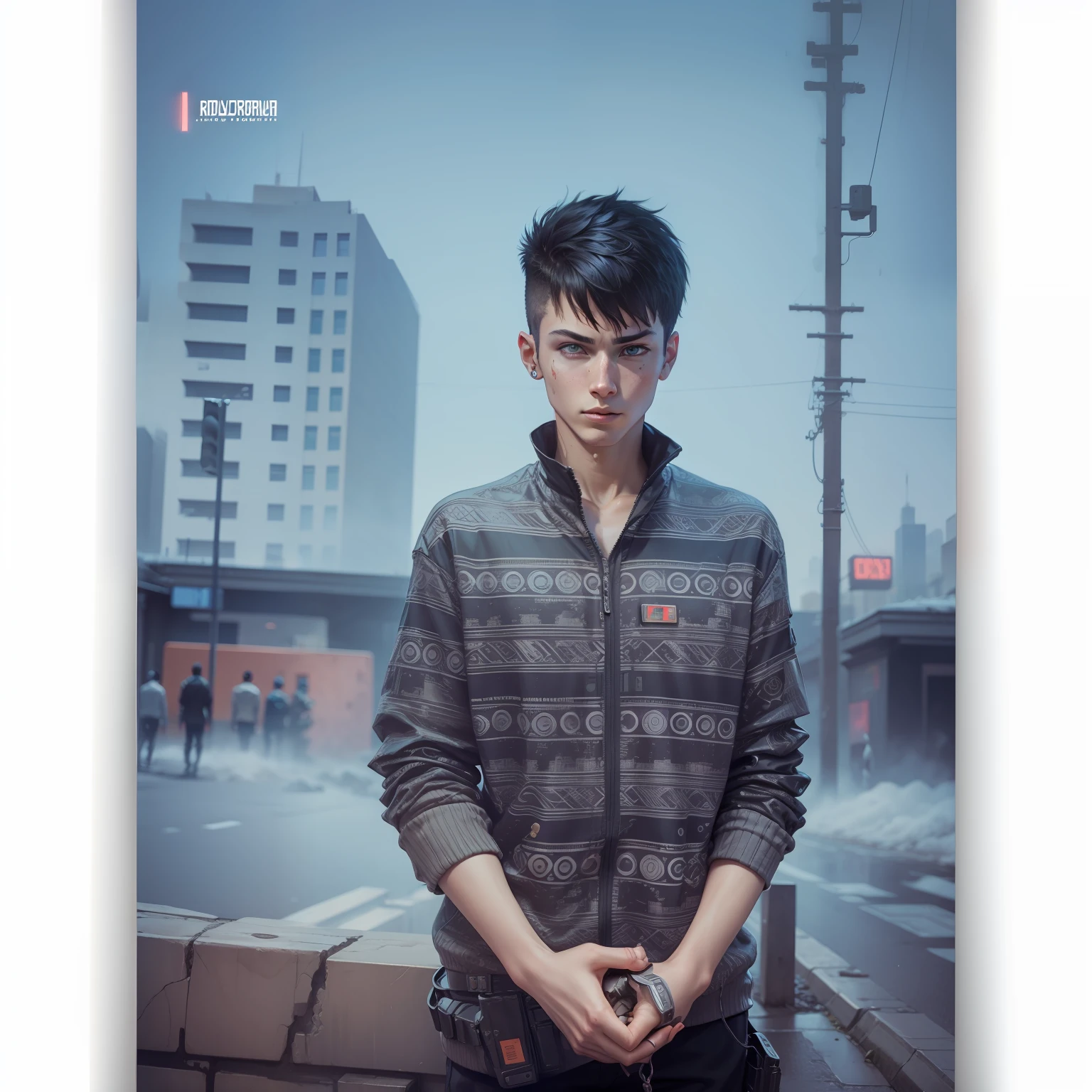 Change background cyberpunk, realstic face hand some boy,moon,