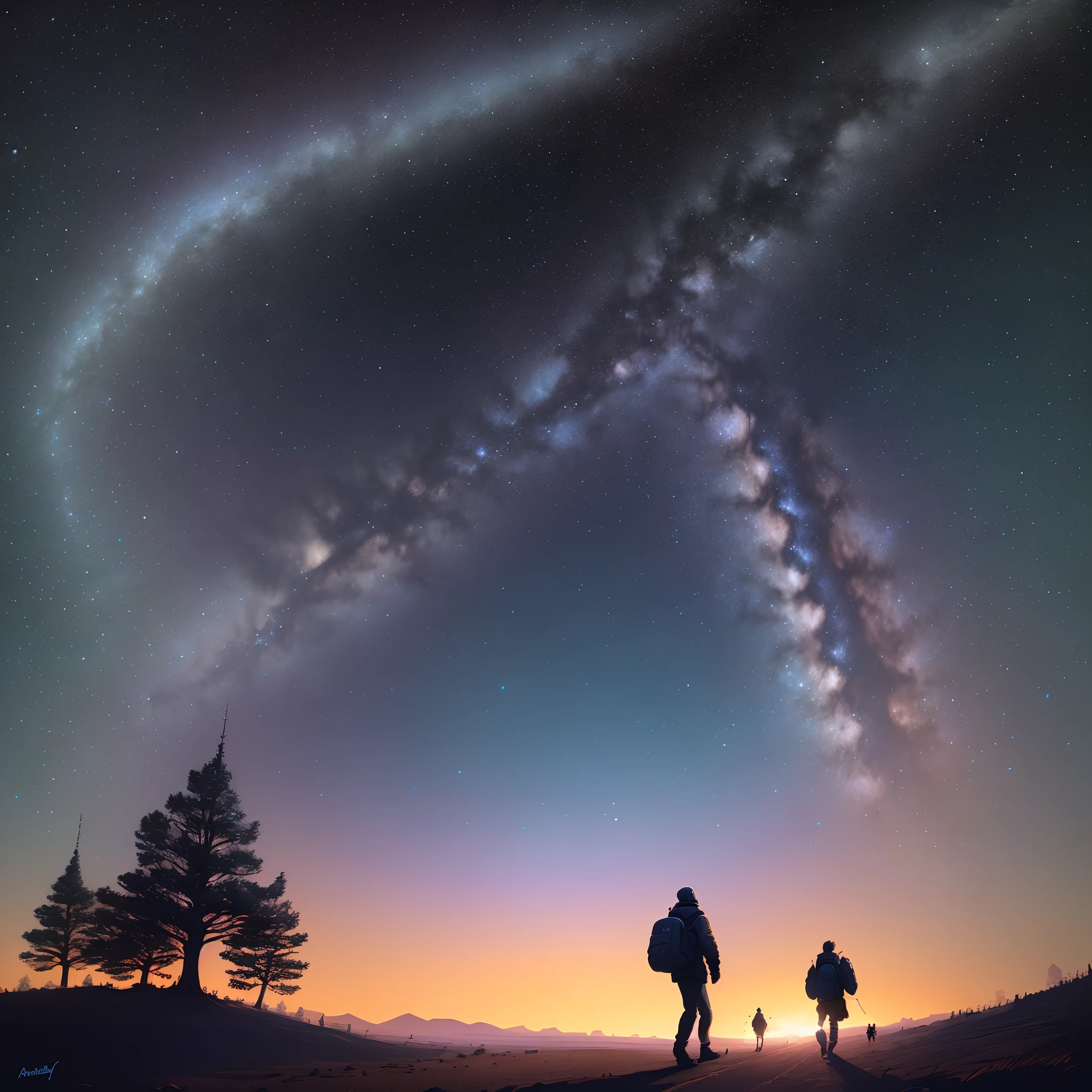 starry night sky with people walking in the distance, 4k highly detailed digital art, beautiful art uhd 4 k, amazing wallpaper, in the starry night, 4 k hd wallpaper very detailed, anton fadeev and dan mumford, 8k hd wallpaper digital art, josan gonzales and dan mumford, wide angle fantasy art, in the style dan mumford artwork