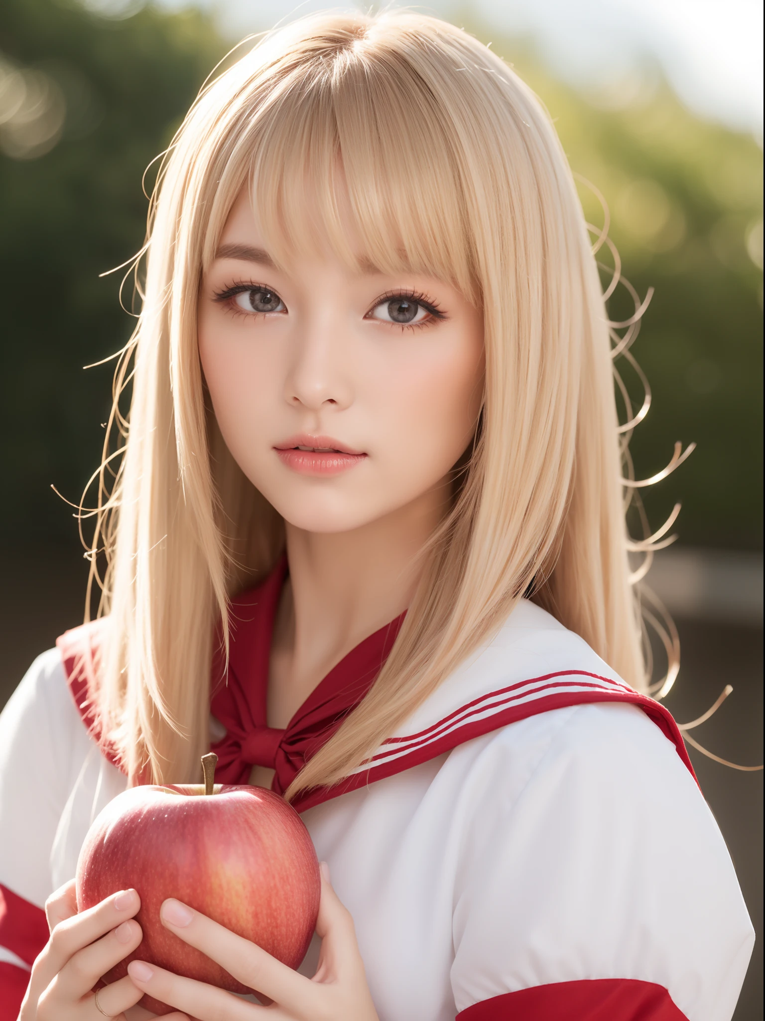 Big red bow hair ornament,(Blonde hair:1.3), (A Lot of Hair:1.3), (detailed hairs:1.2),Beautiful woman holding big red apple,White sailor suit,3Drenderingof