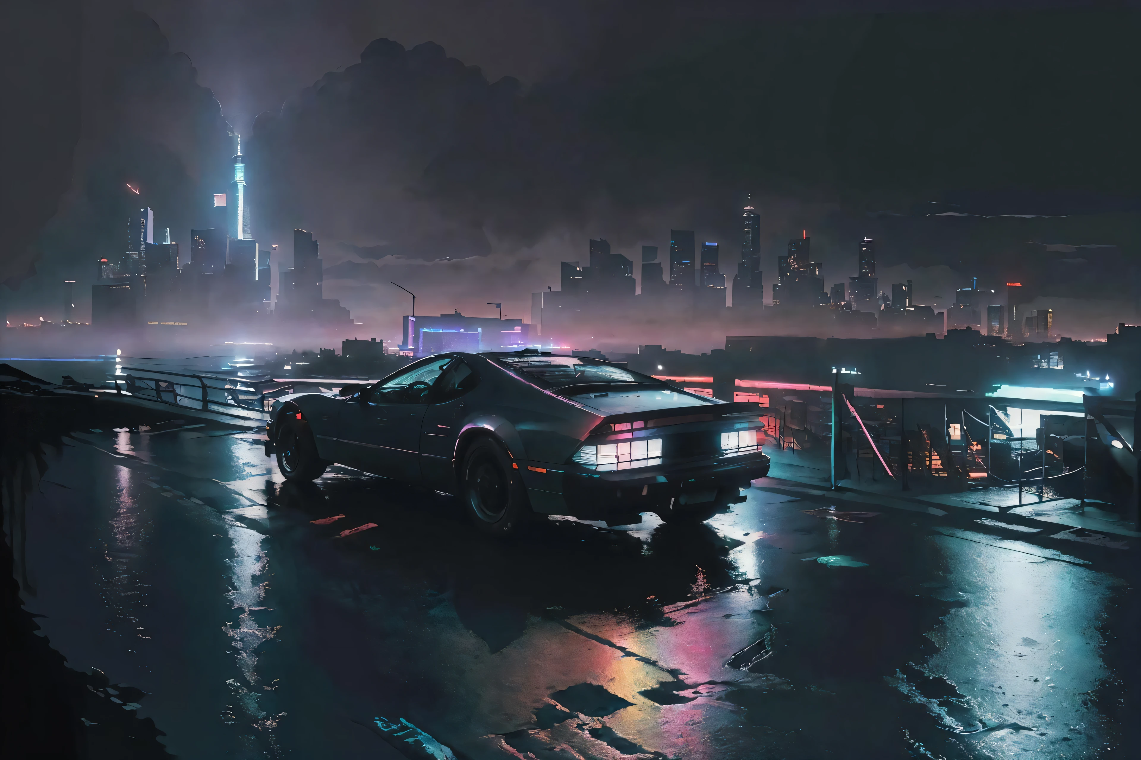 (masterpiece, 4k ,ultra detailed:1.2),(realistic:1),illustration,(photorealistic:1),
(fisheye:1.1),(panorama:1),(from side:1.2),
(simple background:1.4),
(outdoor,highway,night,cyberpunk,neon,fog,rain,new york,manhattan,reflection,river:1.2),(skyscraper,cityscape:1.4),(lookout:1.3),
(retrowave:1.2),car,