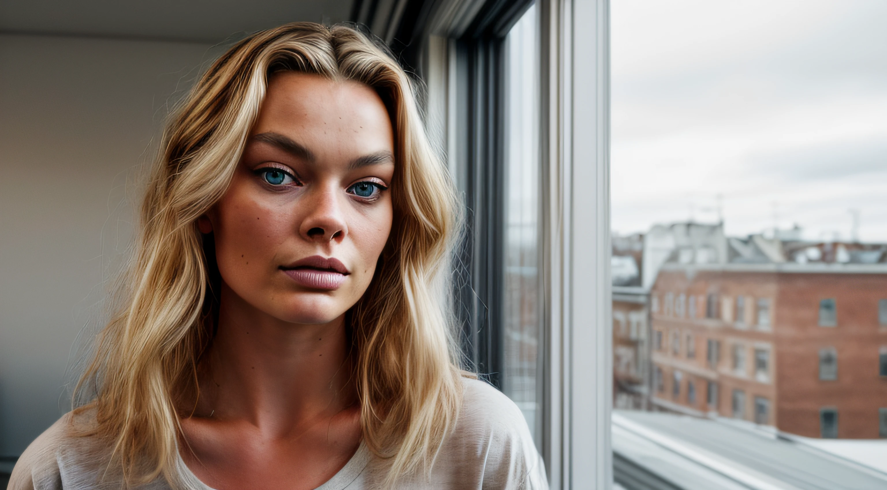 raw spontaneous photo of a standing stunningly Danish Queen, 24 years old fashion model with eyes like Gigi Hadid and hair like Margot Robbie, city, RAW, 8K, UHD, natural lighting, perfect day, candid, Nike t-shirt, photo at home