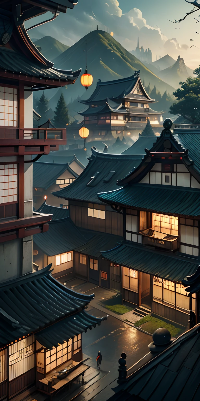 arafed view of a village with a lot of lights on the buildings, dreamy chinese town, chinese village, amazing wallpaper, japanese town, japanese village, hyper realistic photo of a town, old asian village, japanese city, by Raymond Han, sunny morning, cyberpunk chinese ancient castle, beautifully lit buildings, at morning, beautiful and aesthetic, photography, cinematic, 8k, high detailed)