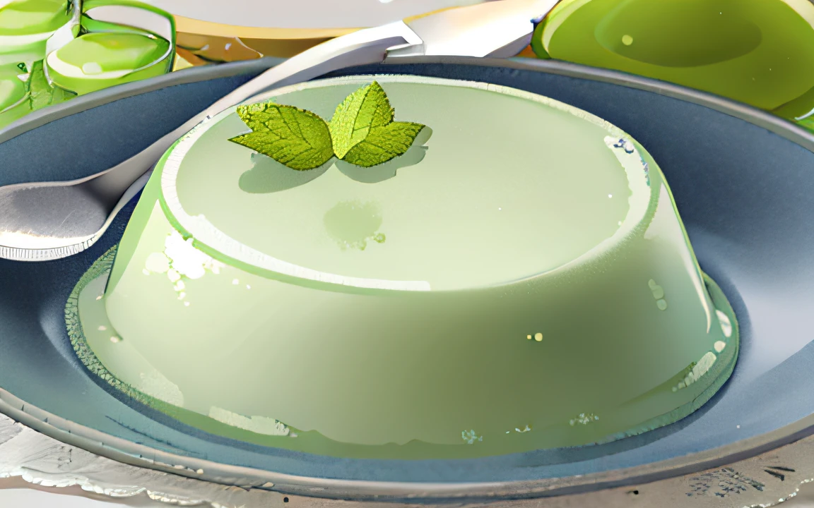 There is a green dessert with a spoon on the plate, pastel green, full of greenish liquid, sea of parfait, Dessert, Green, with celadon glaze, celadon glaze, avacado dream, beautiful green liquid, molecular gastronomy, pale green glow, Sweet, an elegant green, Mint, Deleite para la vista, pastie, cream-colored, recipe, glazed