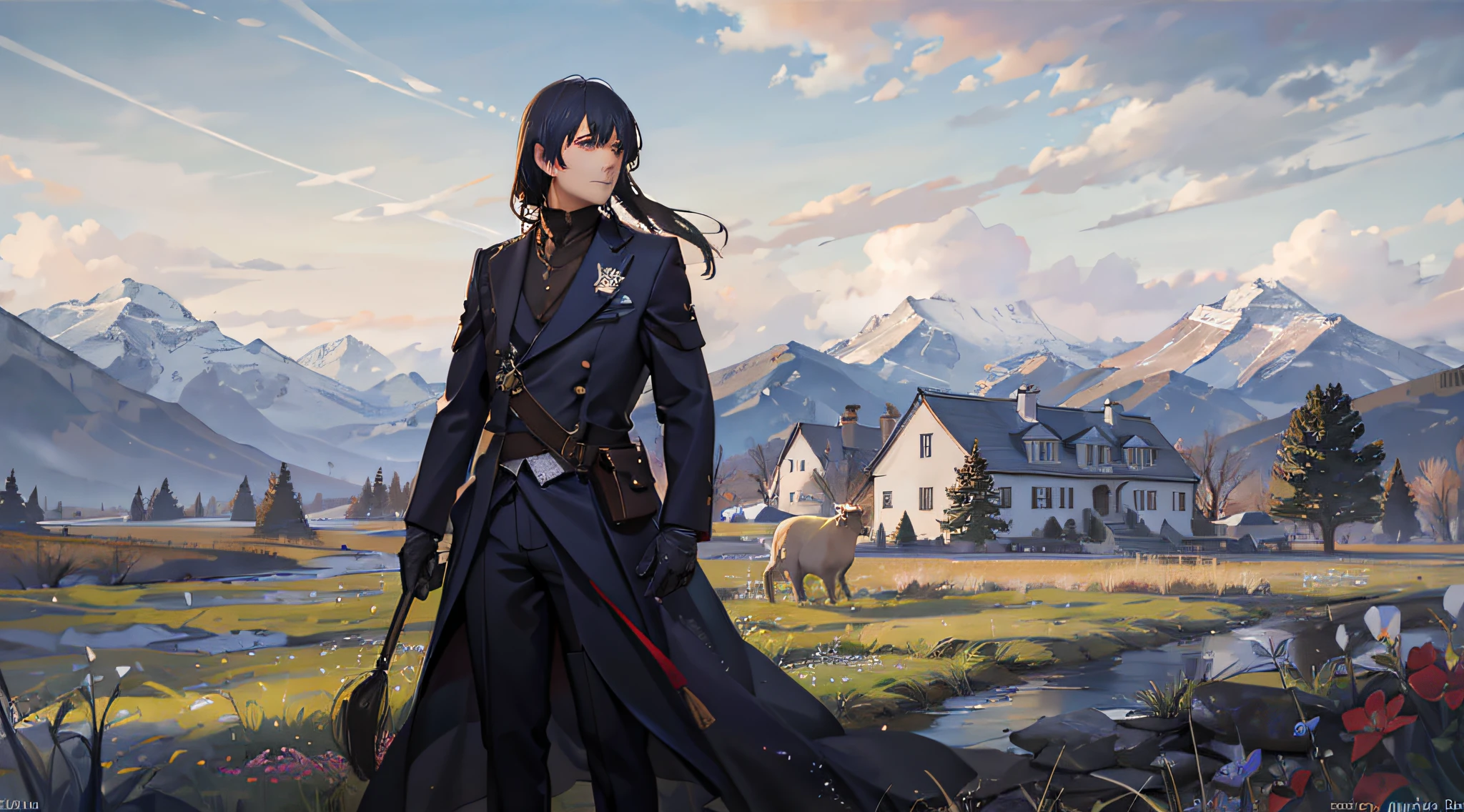 (Best quality), (masterpiece:1.3), (photorealistic:1.36), (realistic), ultra-detailed, detailed background, depth of field, a man standing in a field of a few dead sheep, looking at a small schoolhouse in the distance, under a blue sky with flax flowers. The schoolhouse is the focal point of the image, and there is a contrast between its bright color and the dullness of the field.