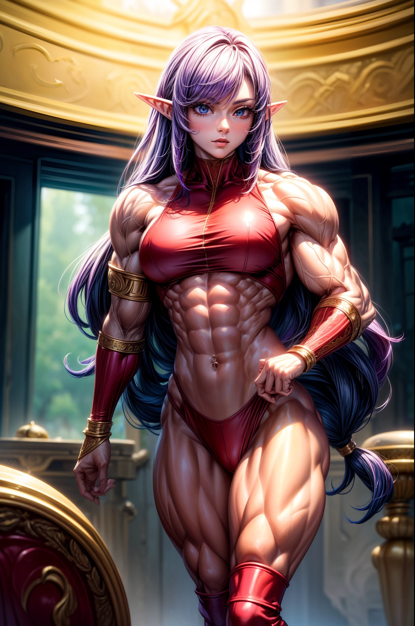 (BEST lighting) , (ultra intricately detailed) , 4K unification, (super-detailed CG: 1.2) , (8K: 1.2),(Original), (Masterpiece) , (Best quality),(Masterpiece:1.4),Anime-ish high quality,(Masterpiece),Masterpiece, Best quality, absurderes,((masterpeace, 4K, 8K, Yes, A high resolution))1girll, Girls,Female elf,World of Fire,standing on your feet,Exposing the abdomen, Crop topping,Crimson armor,gold bracers, Spring, Boots, Perfect figure, Long purple hair, Dynamic pose, ((body builder:1.5)),Temple background,(Beautiful bace),(Girl),(Female),(((Upper body:1)))