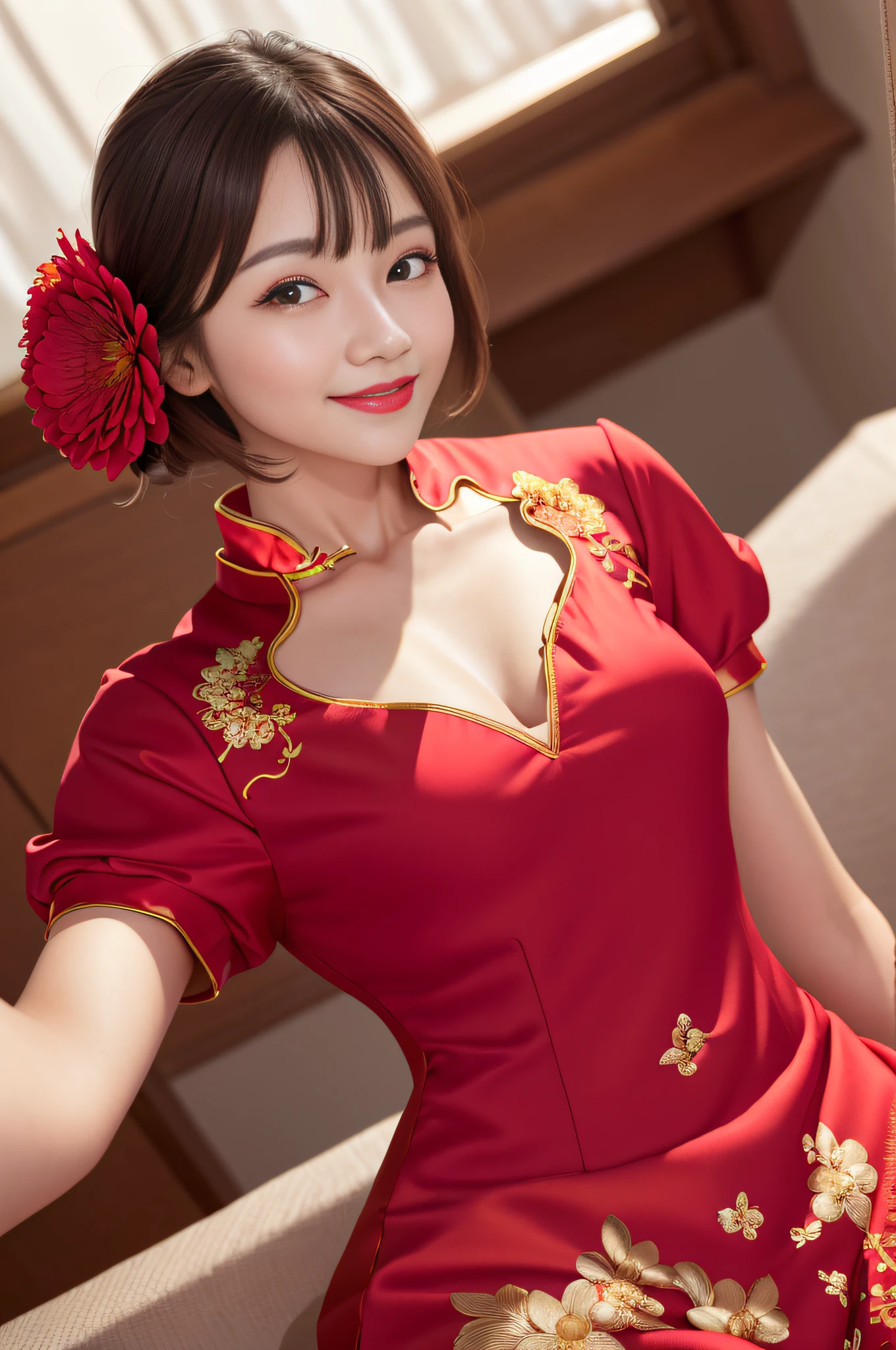 1girll,Upper body,fashi-girl,china dress,Chinese clothes,hair flower,(Masterpiece:1.4),(Best quality:1.4),(Shiny skin),Red lips,view the viewer,Smile