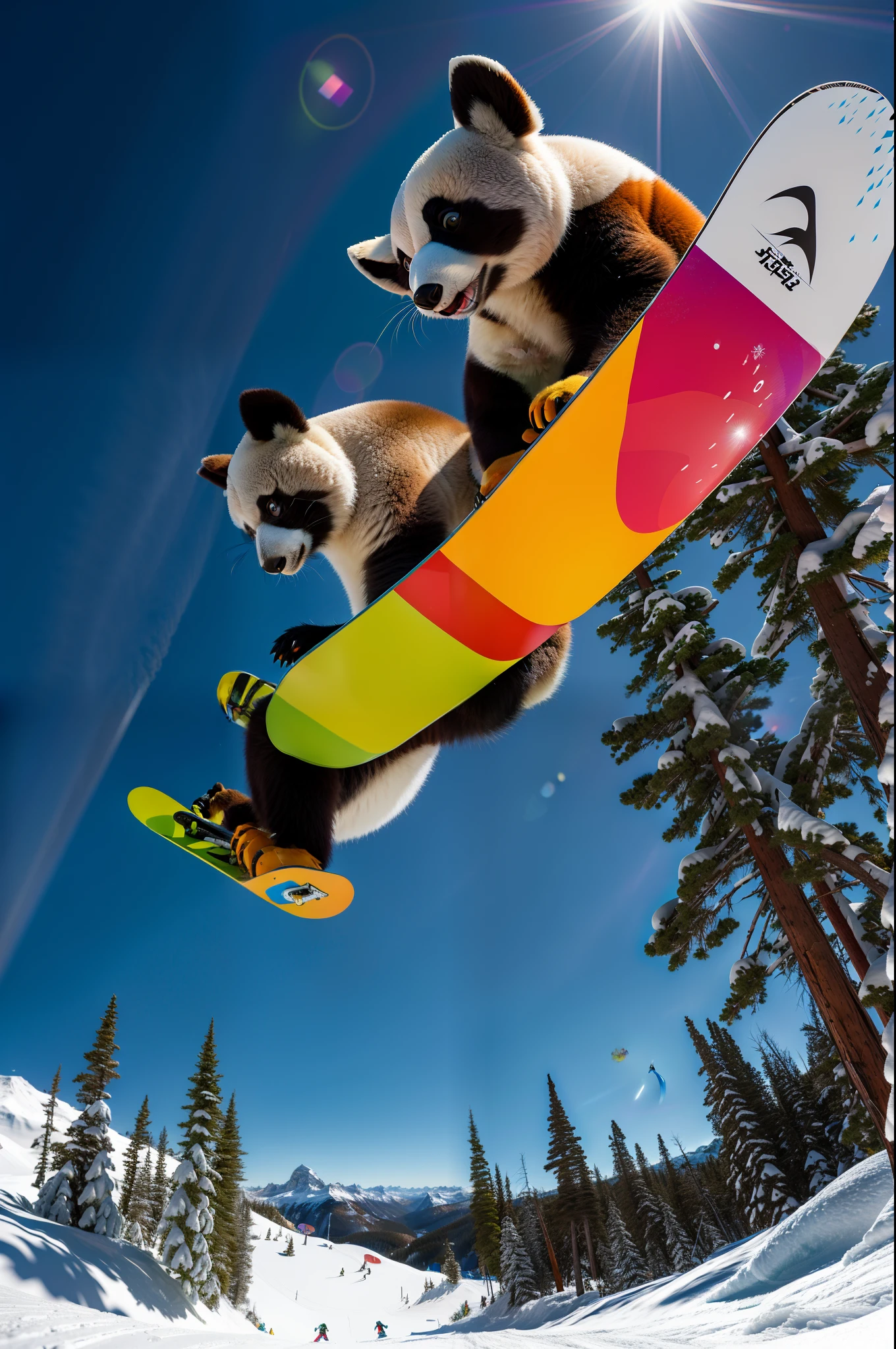 Subject: Design an eye-catching illustration of a furry kangaroo/panda hybrid enjoying a snowboarding adventure
Type of Image: Digital artwork
Art Styles: Furry art, action sports illustration
Art Inspirations: Furry character art, snowboarding art
Camera: N/A
Shot: N/A
Render Related Information: Create a visually captivating artwork featuring the furry kangaroo/panda hybrid snowboarding on a snowy mountain. Use a combination of vibrant colors and bold linework to depict the excitement and thrill of the snowboarding experience. Pay attention to the hybrid character's details, such as the kangaroo's hopping motion and panda markings. Include elements of winter scenery, such as snow-capped mountains or evergreen trees, to enhance the snowy adventure