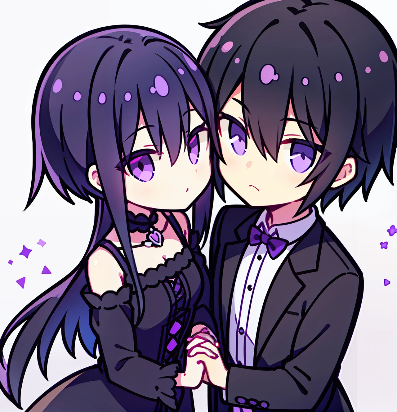 A boy with short black hair and purple eyes and a girl with long black hair and purple eyes look at each other,Hold hands