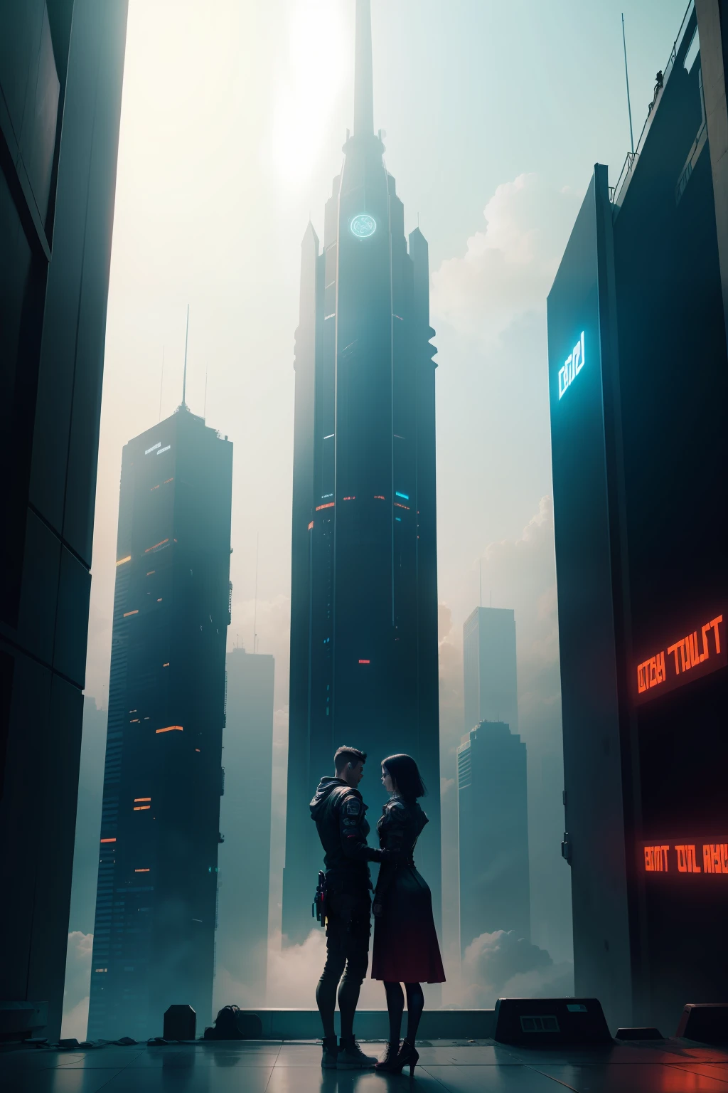 Two people standing on a cyberpunk city tower