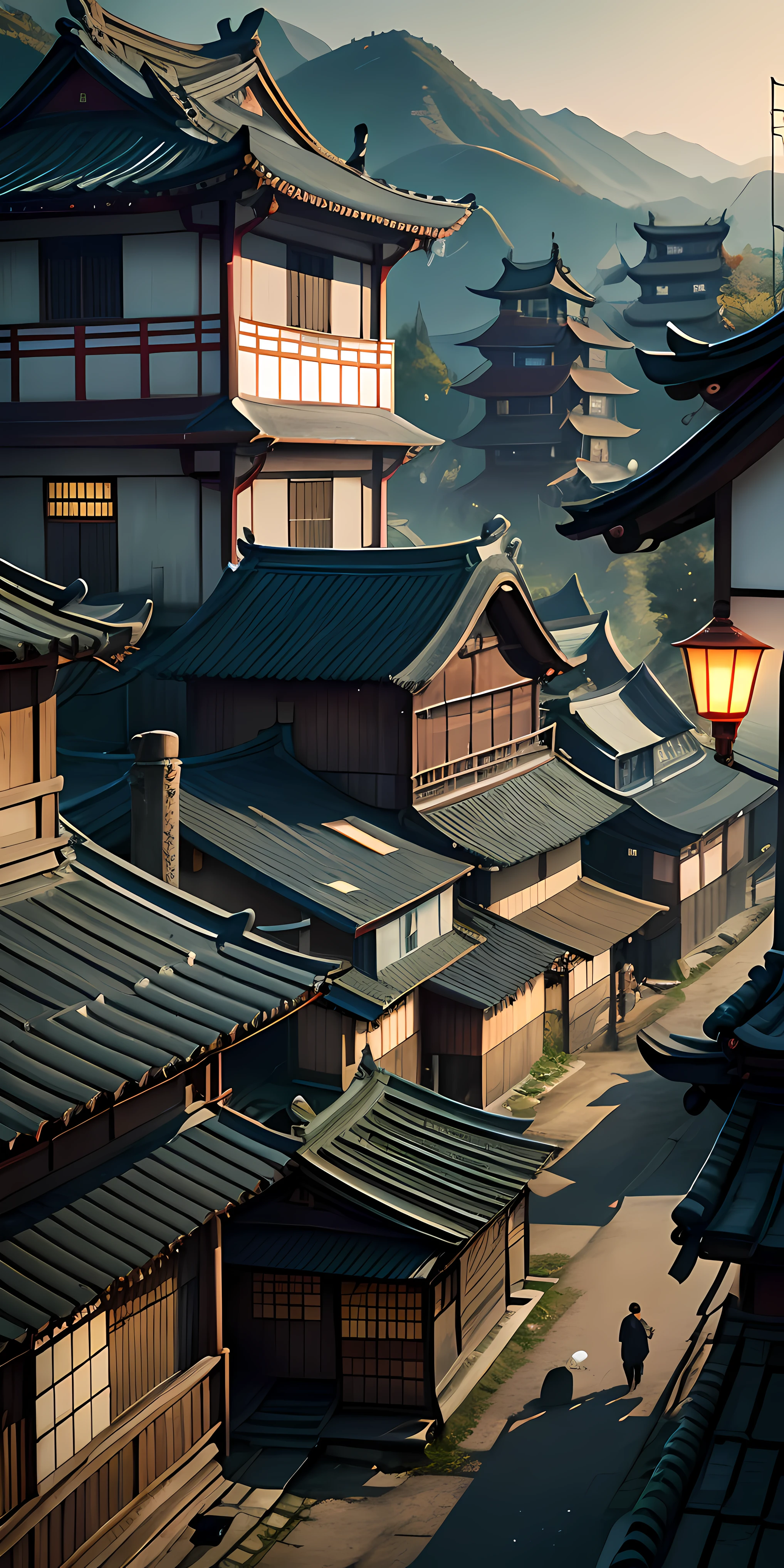 arafed view of a village with a lot of lights on the buildings, dreamy chinese town, chinese village, amazing wallpaper, japanese town, japanese village, hyper realistic photo of a town, old asian village, japanese city, by Raymond Han, sunny morning, cyberpunk chinese ancient castle, beautifully lit buildings, at morning, beautiful and aesthetic, photography, cinematic, 8k, high detailed)