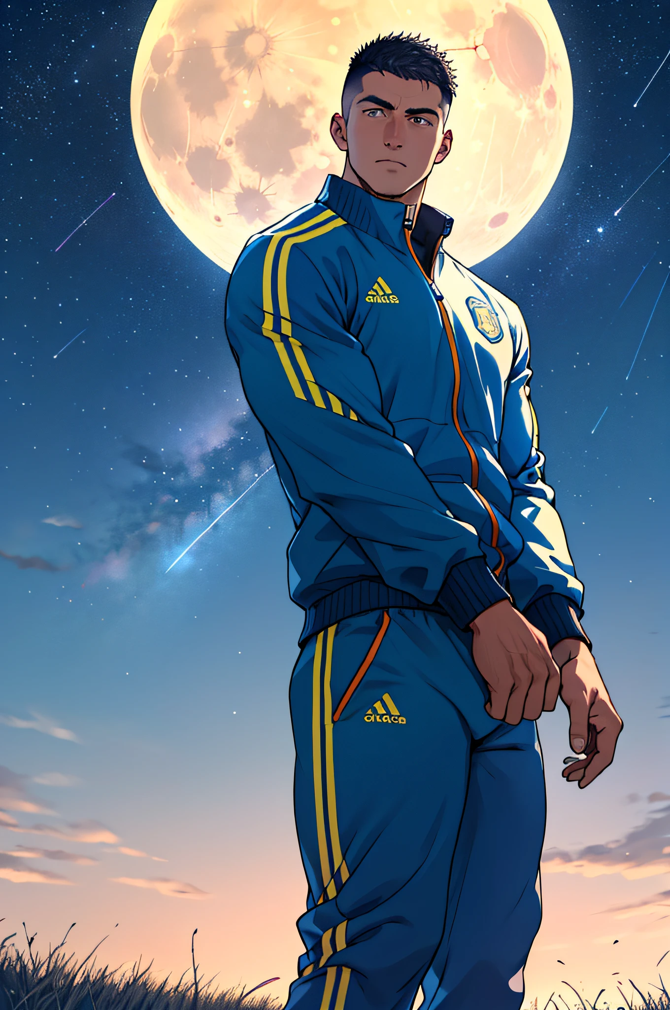 Draw a full-fledged footballer,Standing on the steppe at night,He was wearing a tracksuit,The man looks confident and determined,looking-down,Crew cut,full bodyesbian,Stars dot the sky,shooting from below,Big moon highlights background