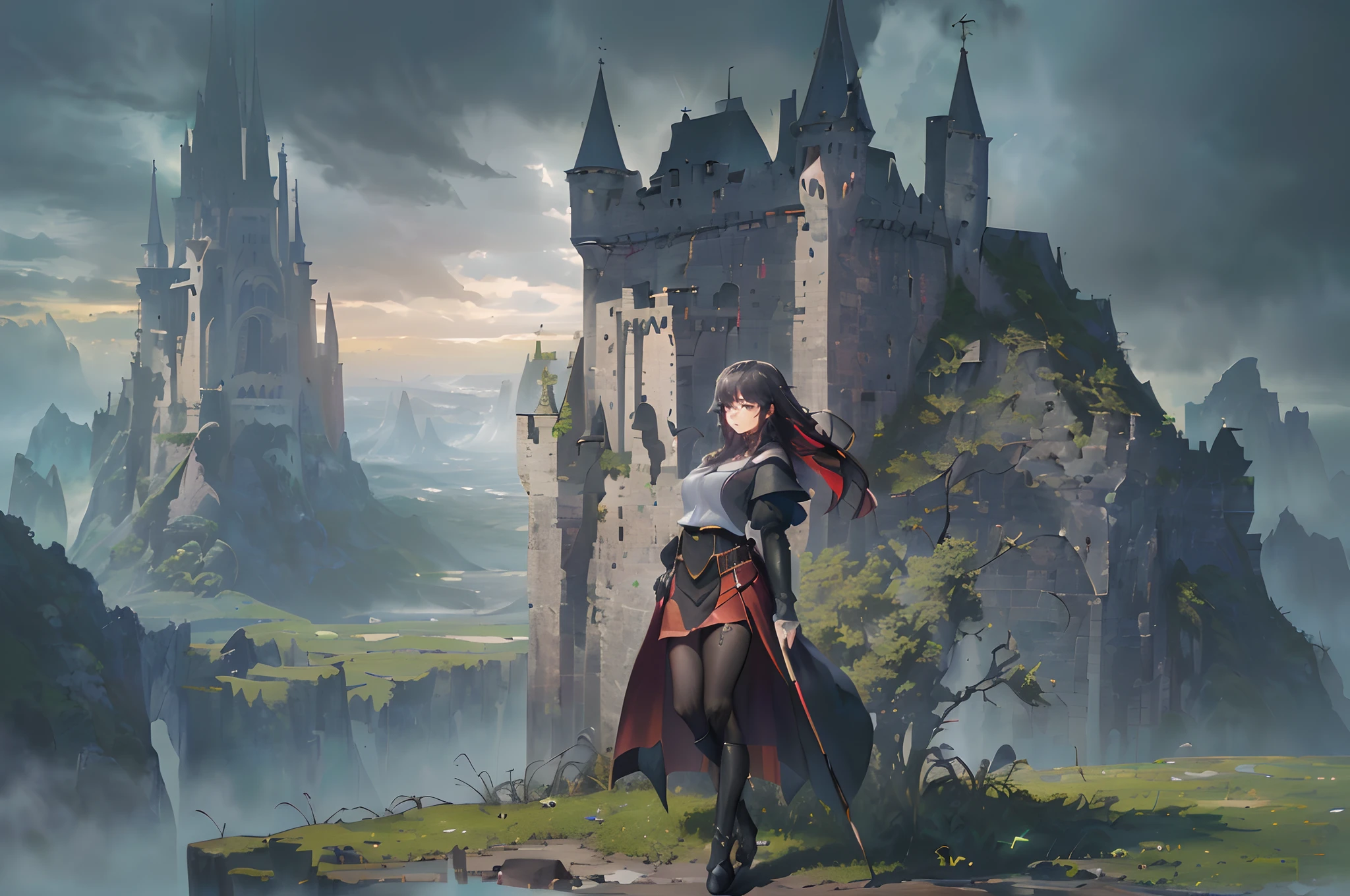 ((masterpiece,best quality,official art,unity 8k wallpaper,absurdres , highres, (1girl:1.4),looking ahead,(breathtaking landscapes:1.2), natural wonders, serene vistas, outdoor exploration, (diverse ecosystems:1.2), scenic beauty, medieval castle, epic, majestic, huge, intimidating, elaborate, masterpiece, gloomy, cloudy