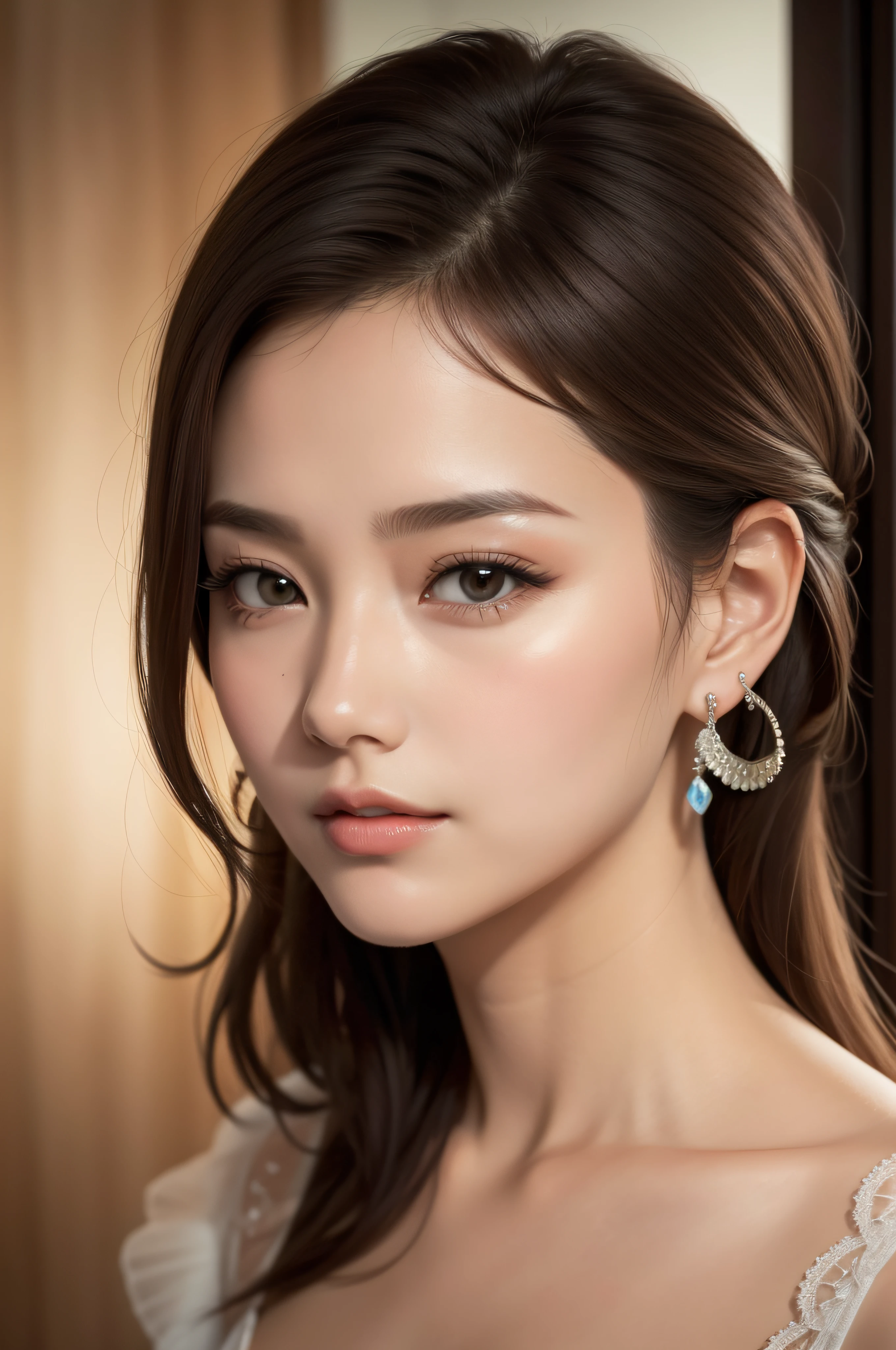 A pretty woman, delicate features directed gaze, Earrings