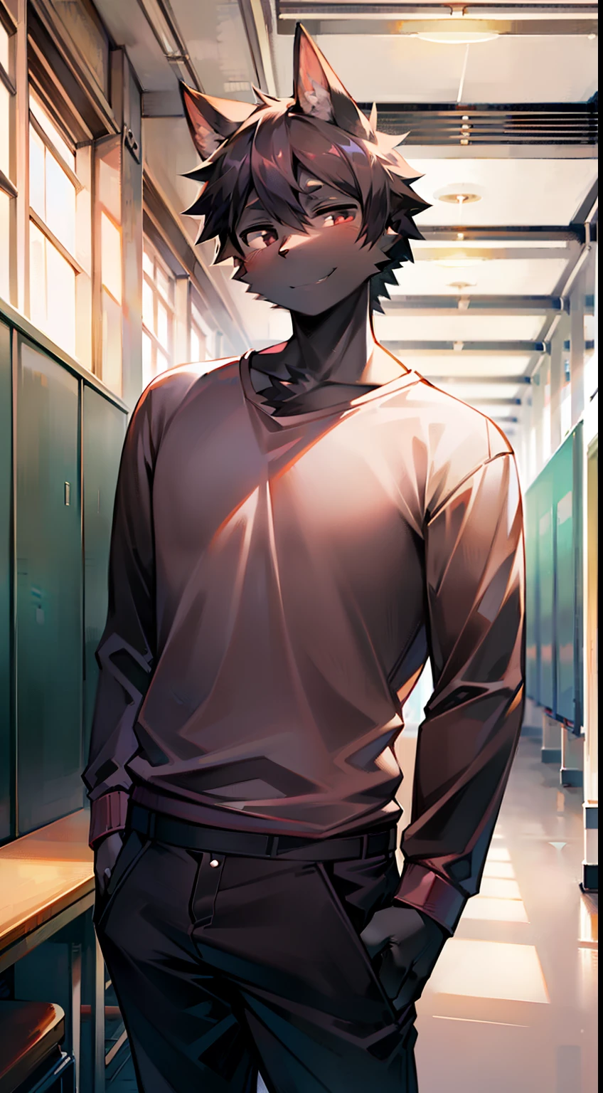 solo, kemono, male, tall, adult, black hair, black eyes, wear pink shirt, wear black pants, look at camera, smile, standing in school room, school room background, noon time