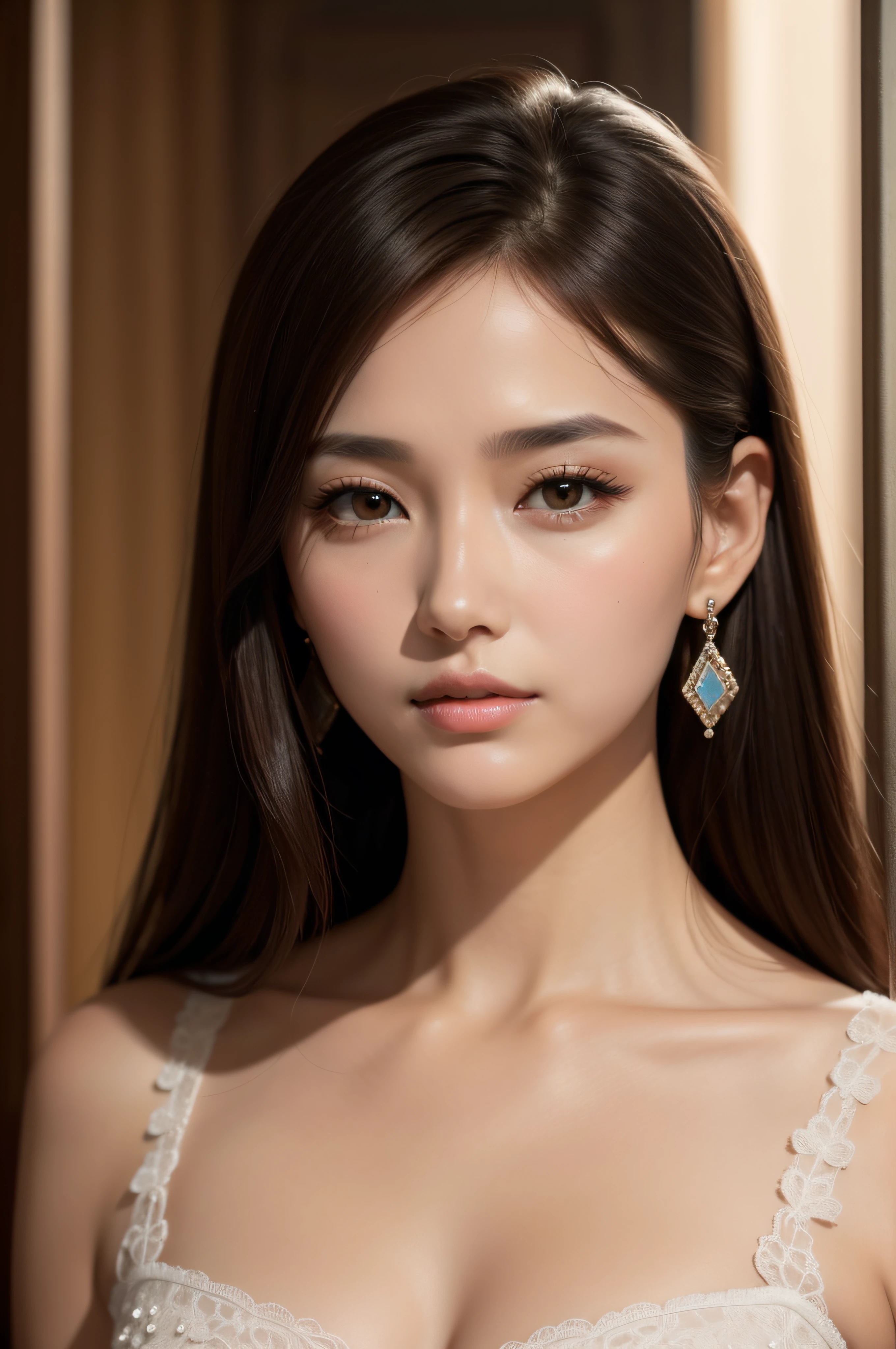 A pretty woman, delicate features directed gaze, Earrings