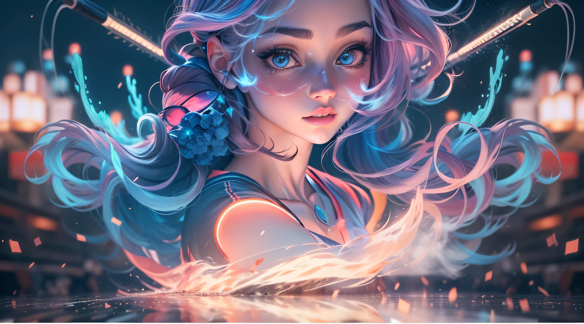 (1 girl),Superb beauty,Volley,独奏,Swiftstep,Phantom,Blue neon lights illuminate smoke,rendering by octane:1.5,Particle effect,misterious,glitters,Cinematic fill light,Colorful water floats in the air,best qualtiy,8K