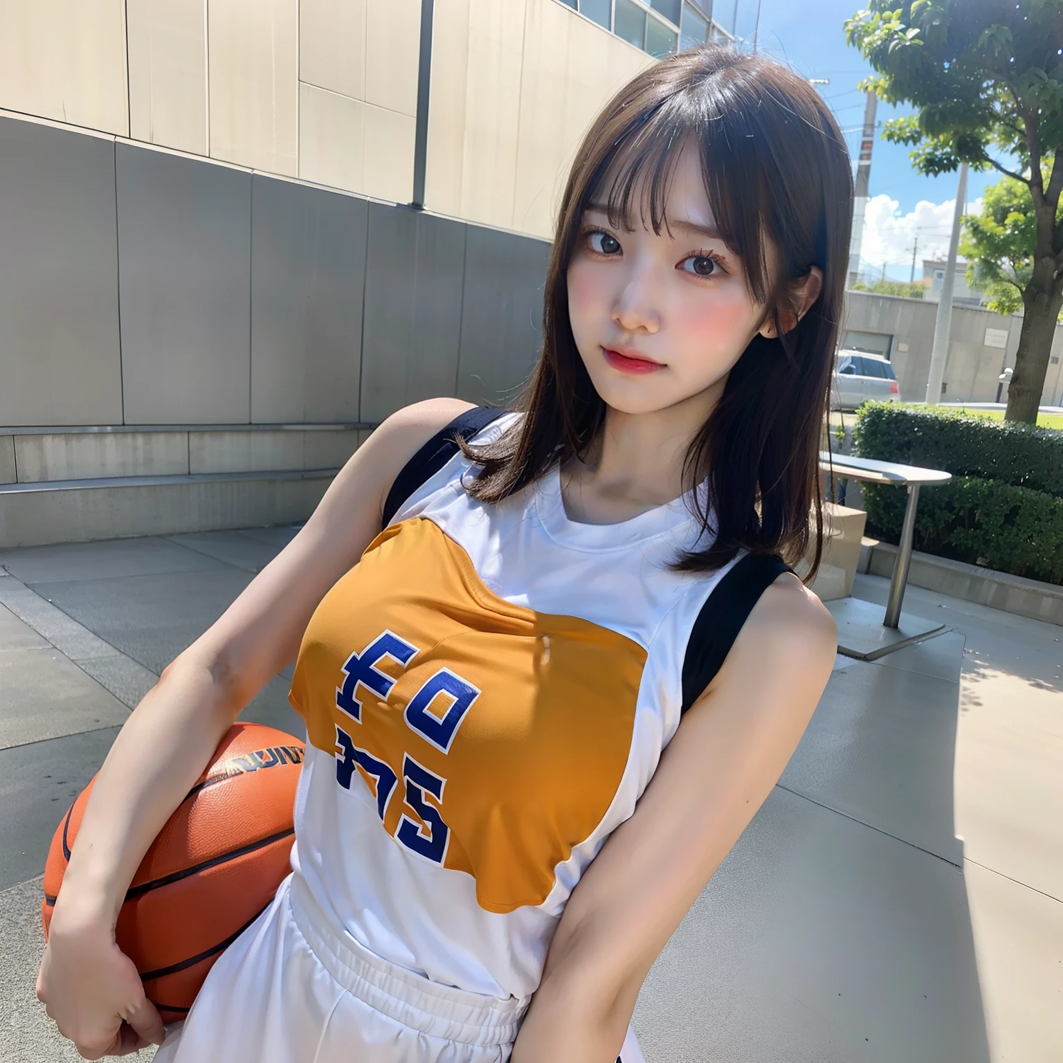 masterpiece, best quality, solo, 1girl, sweating, girl with basketball jersey, sexy girl, big breast, muscle, looking at viewer