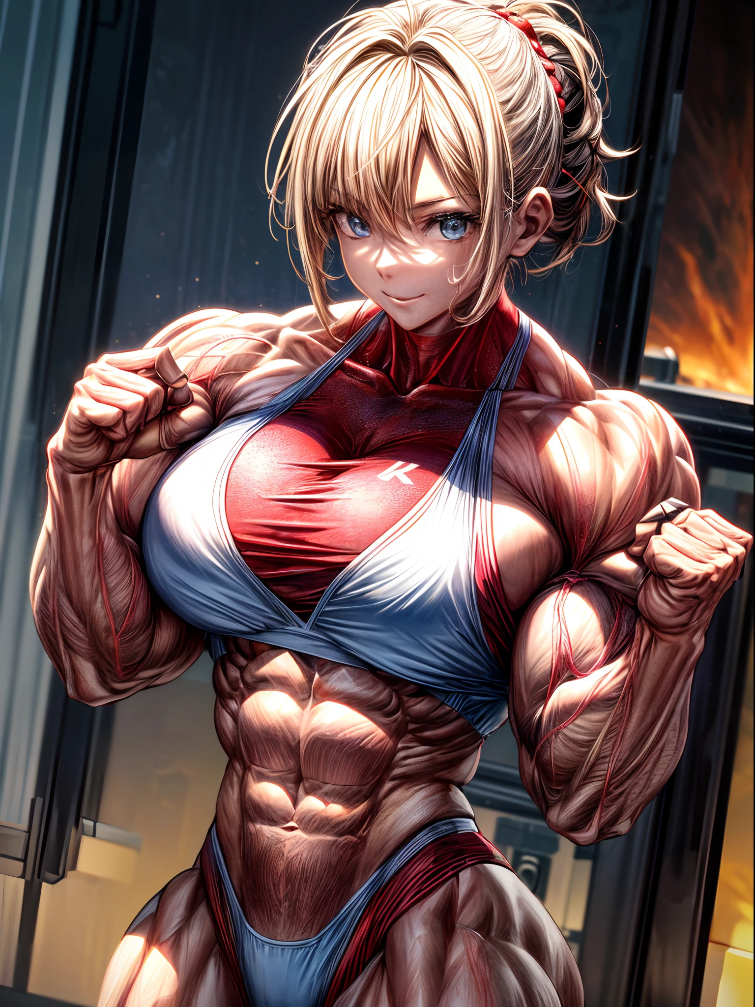 (BEST lighting) , (ultra intricately detailed) , 4K unification, (super-detailed CG: 1.2) , (8K: 1.2),(Original), (Masterpiece) , (Best quality),(Masterpiece:1.4),Anime-ish high quality,(Masterpiece),Masterpiece, Best quality, absurderes,((masterpeace, 4K, 8K, Yes, A high resolution))1girll, ssmile，She was in the volcano，Magma eruption， Swimsuit bra, Spring, Perfect figure, Very robust，long whitr hair, Sweat, Dynamic pose, ((body builder:1.5)),Magma background,(Beautiful bace),(Girl),(Female),(((Upper body:1)))