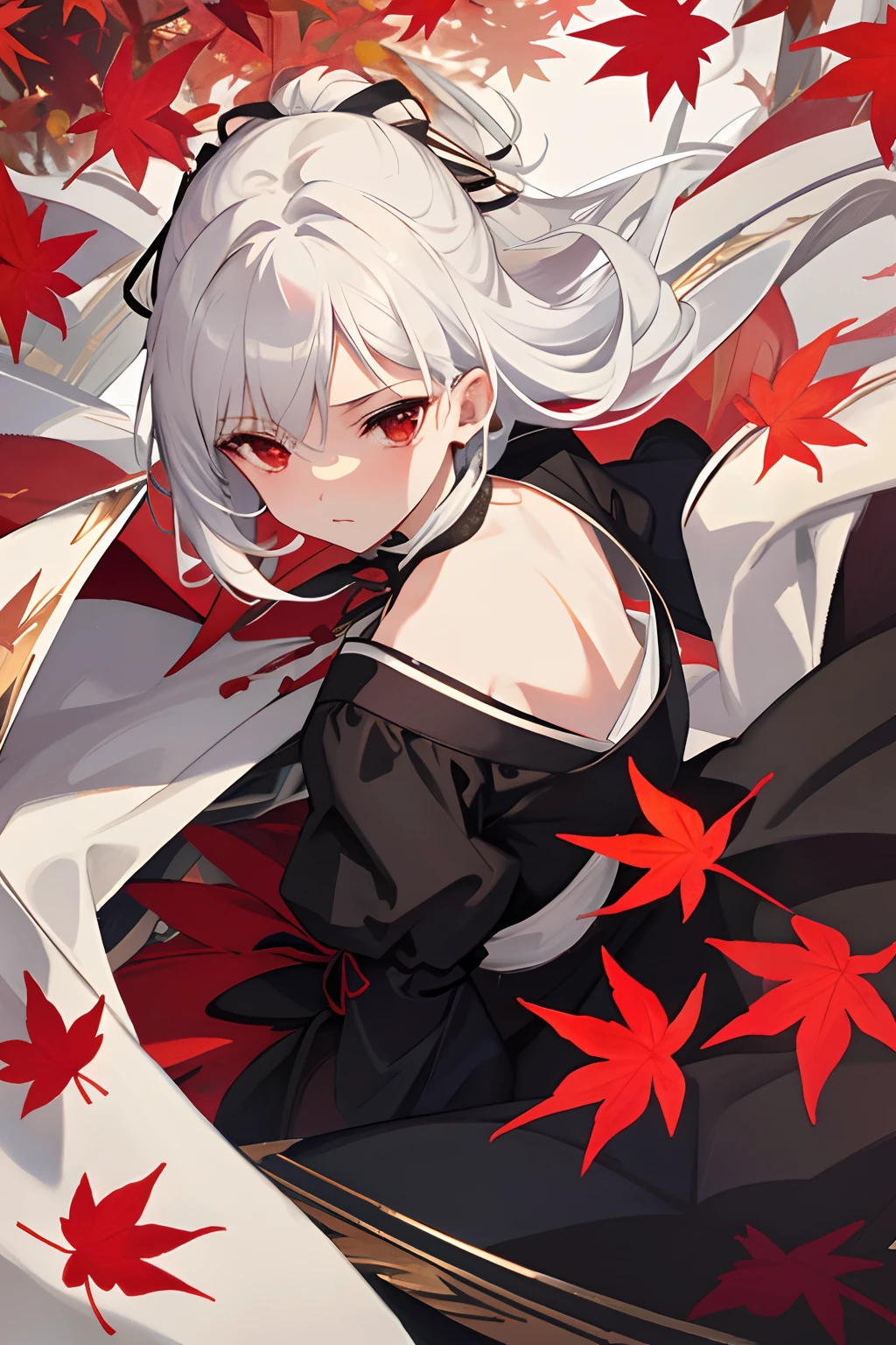 Extremely delicate and beautiful CG illustration,The best quality,lots of resolution,dynamic angle,full lenght shot,(1girll),White hair, red eyes, black clothes,Cute and cute,maple leaves,Antique clothes