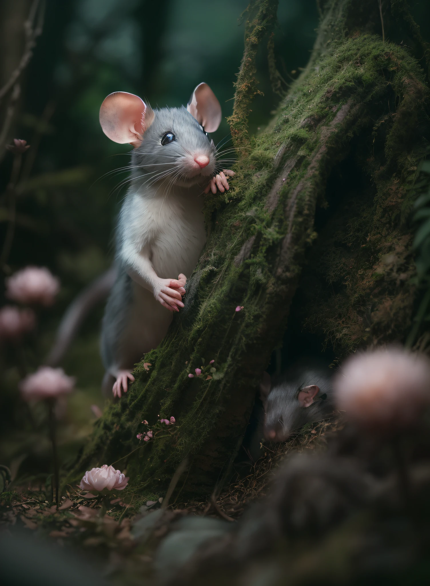Twenty-day rat、the woods、Haze、Halation、florals、Dramatic atmosphere、central、thirds rule、200mm 1.4F Macro Shot、(Natural fur texture、Hyper-Realism、Soft light、sharp:1.2)、(intricate-detail:1.12)、nffsw、(intricate-detail、ultra-detailliert:1.15)、Art by Greg Rutkowski and ArtGerm、Soft Cinematic Lights、adobe lightroom、Photolab、nffsw、Convoluted、ighly detailed、(depth of fields:1.4)