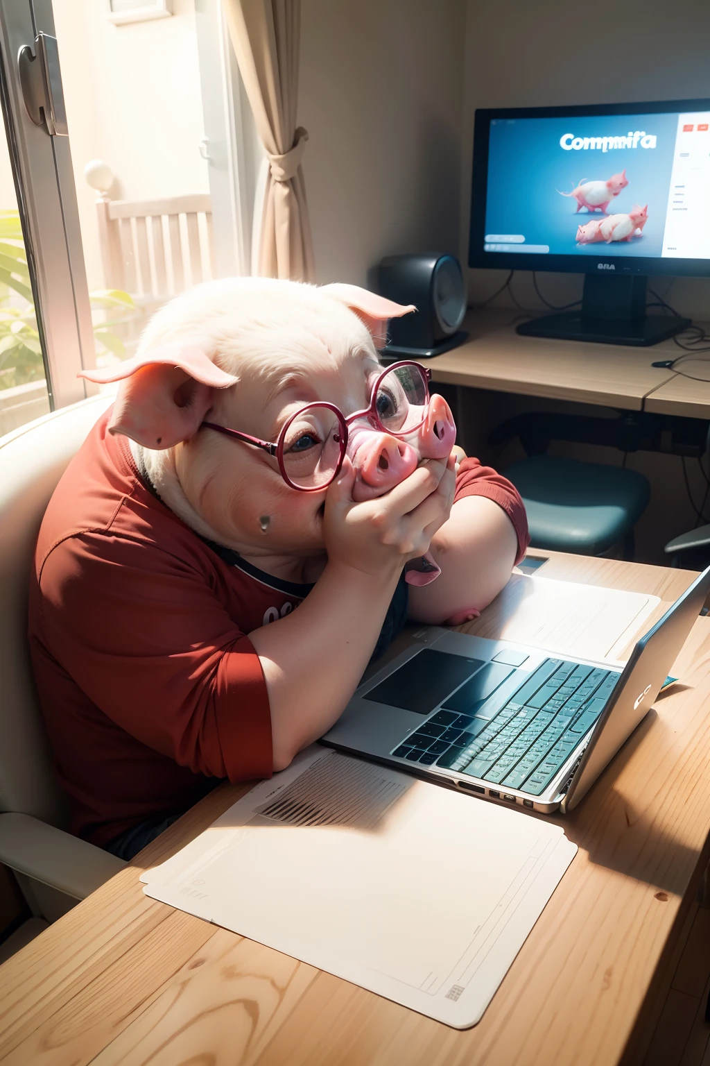 One enjoyed it a lot,Very comfortable,Very happy pig,Playing computer games,Lots of cola on the table, lots of shrimp,photorealestic