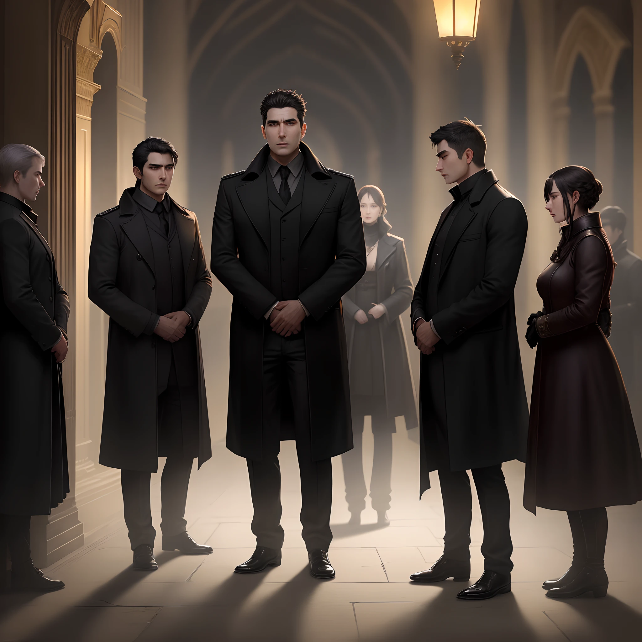It is night time, there is a big palace hall, a detective is wearing a black coat and is examining a dead body, and people are standing around him, whose faces are scared.