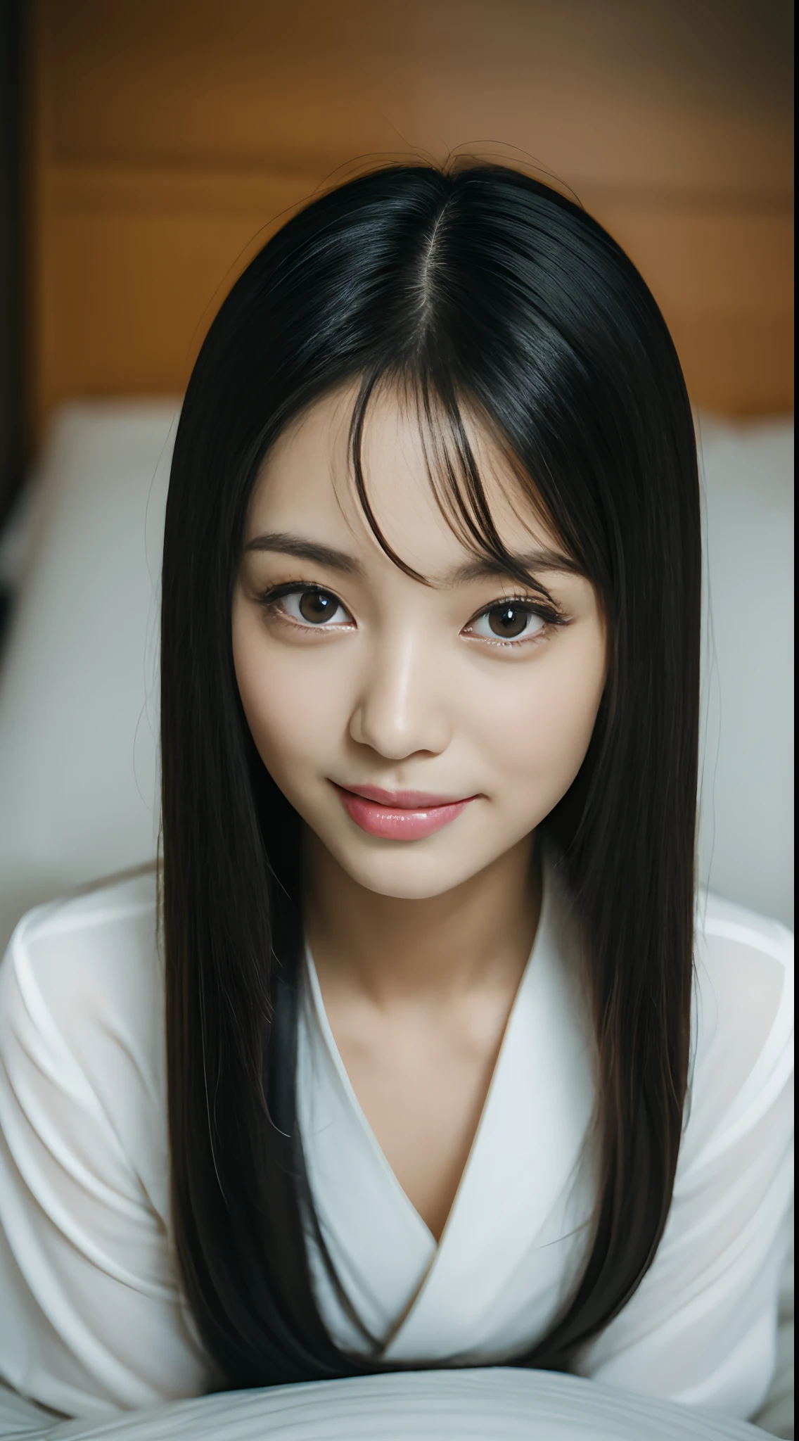 ((Best Quality, 8K, masutepiece:1.3)), beautiful Girl, pure, Melon face, gentle and cute, Sweet smile, pure lust, Thin body, (Frontal), (Head Tilted), Looking directly at the camera, uniform, Obi, Formal, Black silky long straight hair, long hair flowing over the shoulders, round black big eyes, clear big eyes, Moist red lips, Dolce, Sitting on the edge of the bed, Home background,Raw photo