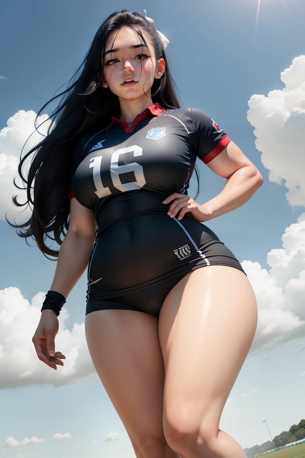 16 year old rugby girl,Handheld rugby,and the sun was shining brightly,Long black hair,Straight long legs,Tight rugby uniforms,The figure is bumpy,Slim figure,huge tit,Looming,,with blue sky and white clouds,Look at the sky,sweat leggs