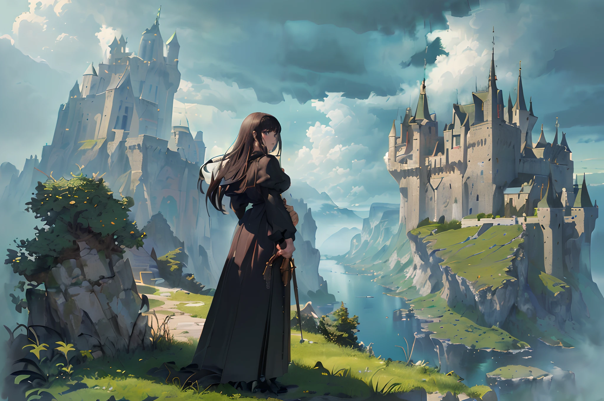 ((masterpiece,best quality,official art,unity 8k wallpaper,absurdres , highres, (1girl:1.4),looking ahead,(breathtaking landscapes:1.2), natural wonders, serene vistas, outdoor exploration, (diverse ecosystems:1.2), scenic beauty, medieval castle, epic, majestic, huge, intimidating, elaborate, masterpiece, gloomy, cloudy