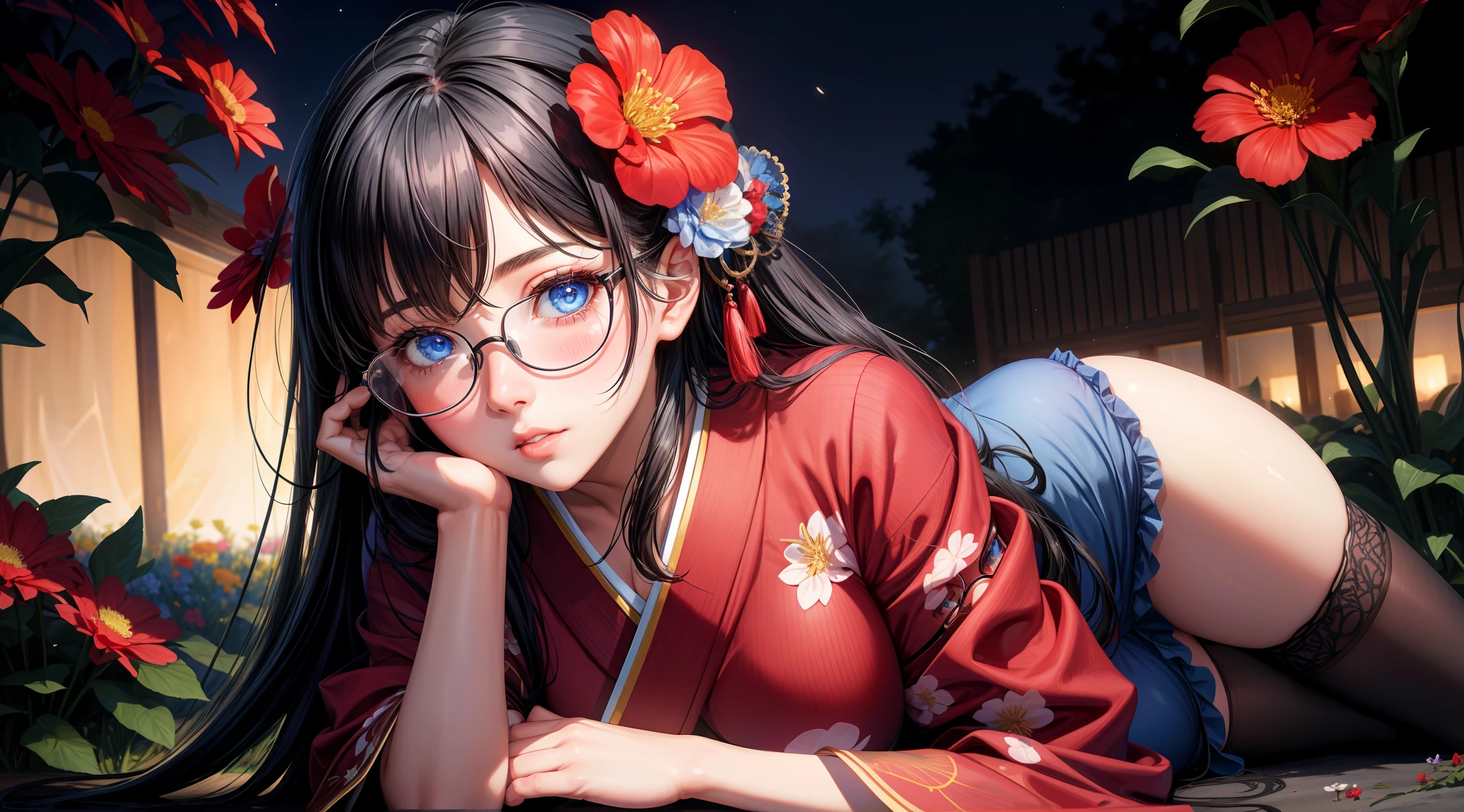 realistic, 1girl, black hair, blue eyes, glowing eyes, parted lips, blush, night, flower garden background, spotlight, focus cleavage, red and white kimono, cute glasses, black long stocking, short blue pants