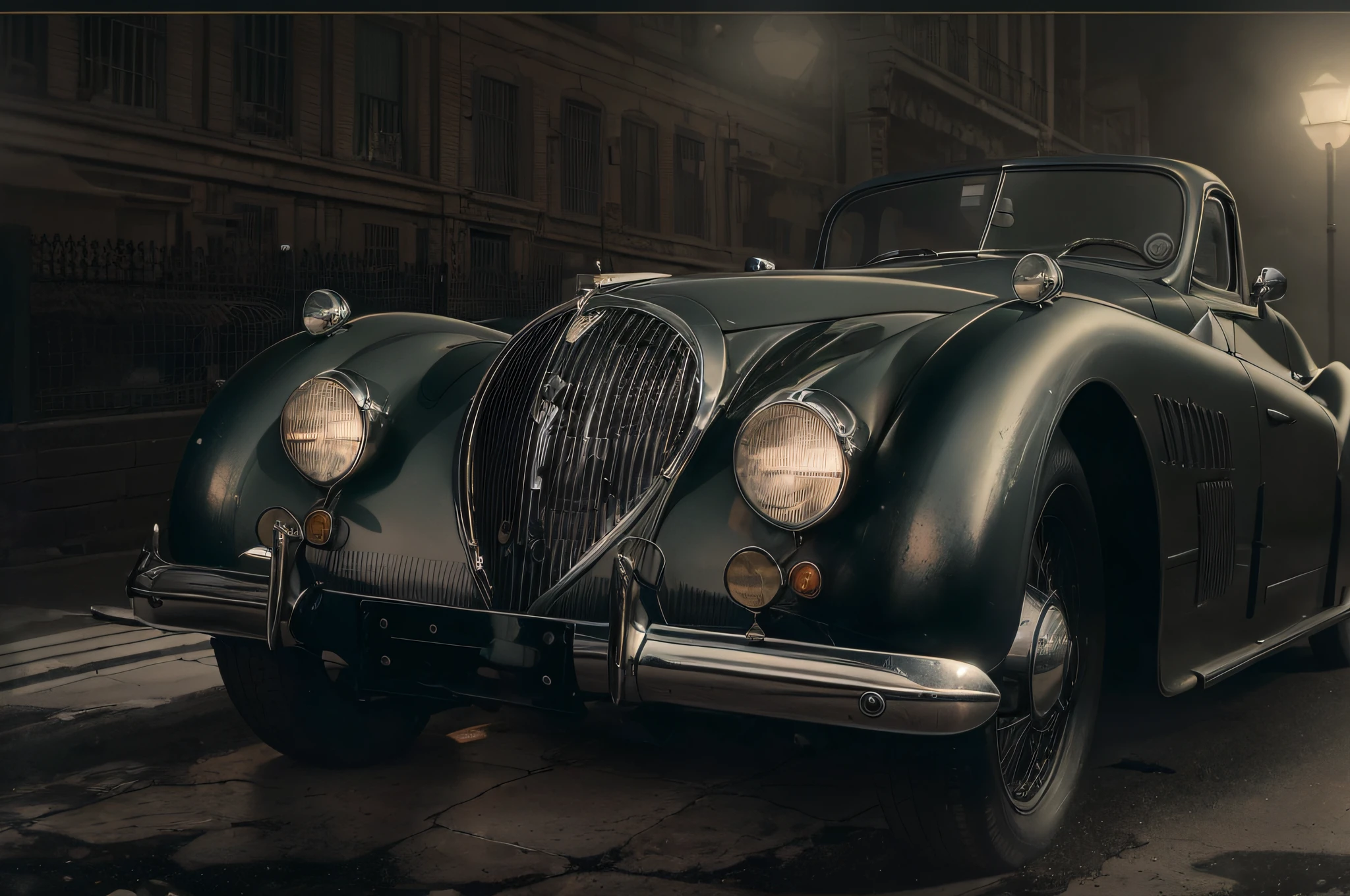 (tmasterpiece, beste-Qualit: 1.2), Extremely detailed Jaguar XK150, (Muted colors: 1.2, dark studio, rim lighting, duotone lighting, dim lighting, Low key, ), Poster from the 1930s \(style of\), Black film, (nuarnaya atmosphere: 1), gloomy atmosphere, Emphasis on noir colors, 1930s (/style of/), Cold night air, Trending on ArtStation, trending on CGsociety, Intricate, high detail, dramatic, photorealistic pictorial art by Midjourney and Greg Rutkowski,