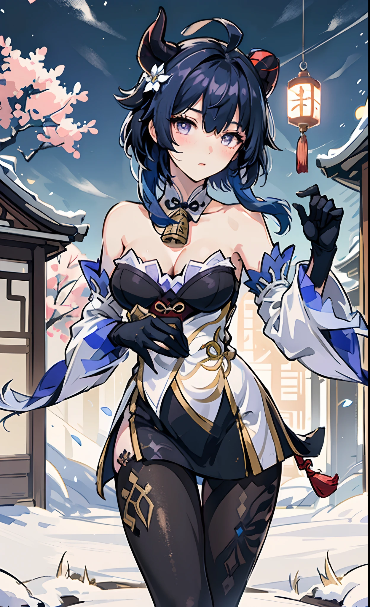 ganyu \(genshin impact\), 1girl, ahoge, architecture, bangs, bare shoulders, bell, black gloves, black pantyhose, ((blue hair)), blush, breasts, chinese knot, detached sleeves, east asian architecture, flower knot, gloves, horns, long hair, looking at viewer, medium breasts, neck bell, night, outdoors, pantyhose, purple eyes, sidelocks, solo, tassel,  white sleeves, ((masterpiece))