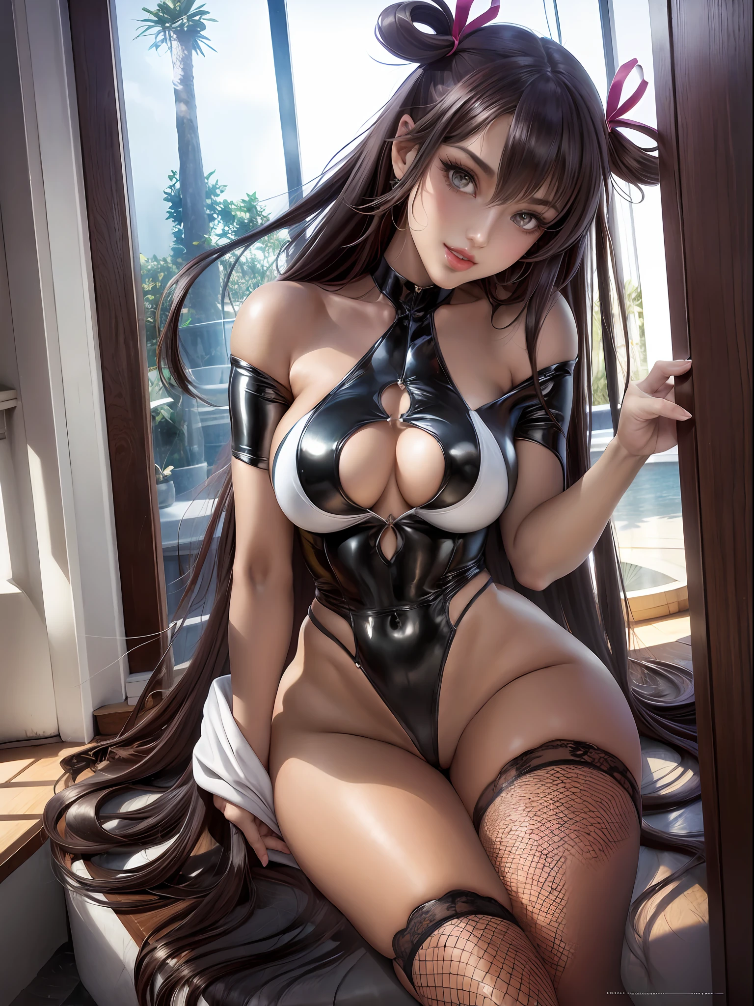 (Top Quality, Masterpiece: 1.2), 1girl, Beautiful, Cute, Beautiful, Style, Sexy, Elegant, Attractive, Sexy, Beautiful and Well-groomed Face, Beautiful Eyes, Beautiful Hair, Smooth Skin, Beautiful Mouth, Smooth Legs, Balanced Body, Fashionable with Change of Clothes, Mizuki Yukikaze, Hair Ribbon, One Pee Stan, Black Theme