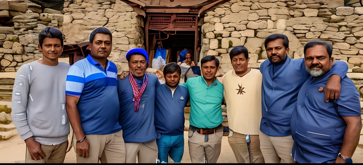 several men standing together in front of a stone building, with village, candid picture, with many travelers, with wet faces!!, photo taken in 2 0 2 0, in group photograph, very very low quality picture, album photo, facebook post, taken with the best dlsr camera, very clear picture, edited, group photo, edited in photoshop,Change this background hill station, realistic face,8k, ultra graphics, all are young mans, very intelligent analysis in face, behind butiful Hindu's religion temple,