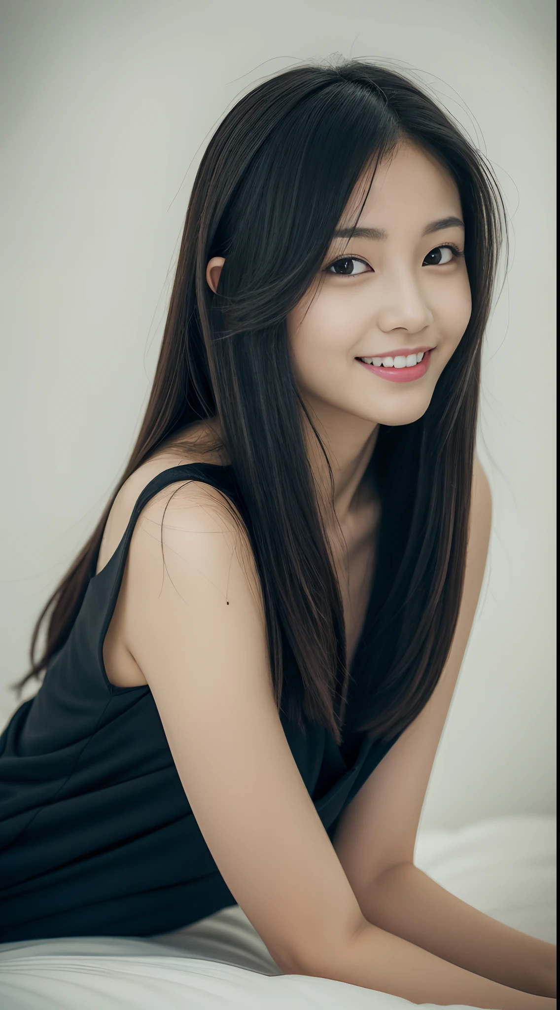 ((Best Quality, 8K, masutepiece:1.3)), beautiful Girl, pure, Melon face, gentle and cute, Sweet smile, pure lust, Thin body, (Frontal), (Head Tilted), Looking directly at the camera, uniform, Obi, Formal, Black silky long straight hair, long hair flowing over the shoulders, round black big eyes, clear big eyes, Moist red lips, Dolce, Sitting on the edge of the bed, Home background,Raw photo