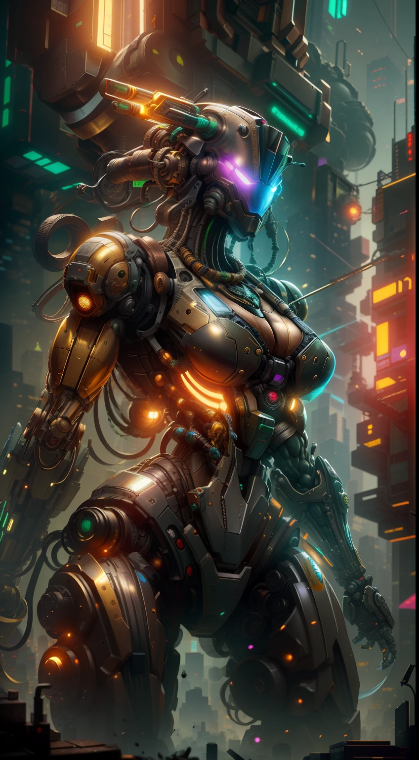 Ninja turtles, biomechanics, complex robots, gold, full growth, hyper-realistic, crazy little details, incredibly clean lines, cyberpunk aesthetic, masterpiece featured on Zbrush Central, cyberpunk city backdrop