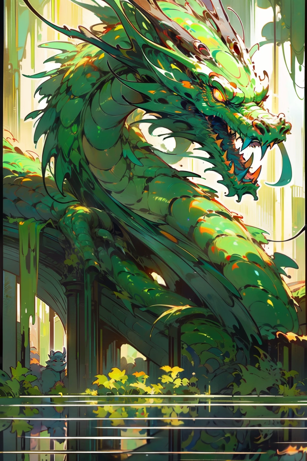 A green dragon, Huge wings, Keep your mouth shut, A few fangs were exposed, Amber eyes, eyes glowing, Vertical pupils, Lying in a puddle, There are plants on the body, Lying on your stomach in a swamp, the night, Cinematic lighting, Ray tracing, Anatomically correct, Masterpiece, Best quality, A high resolution, Award-Awarded