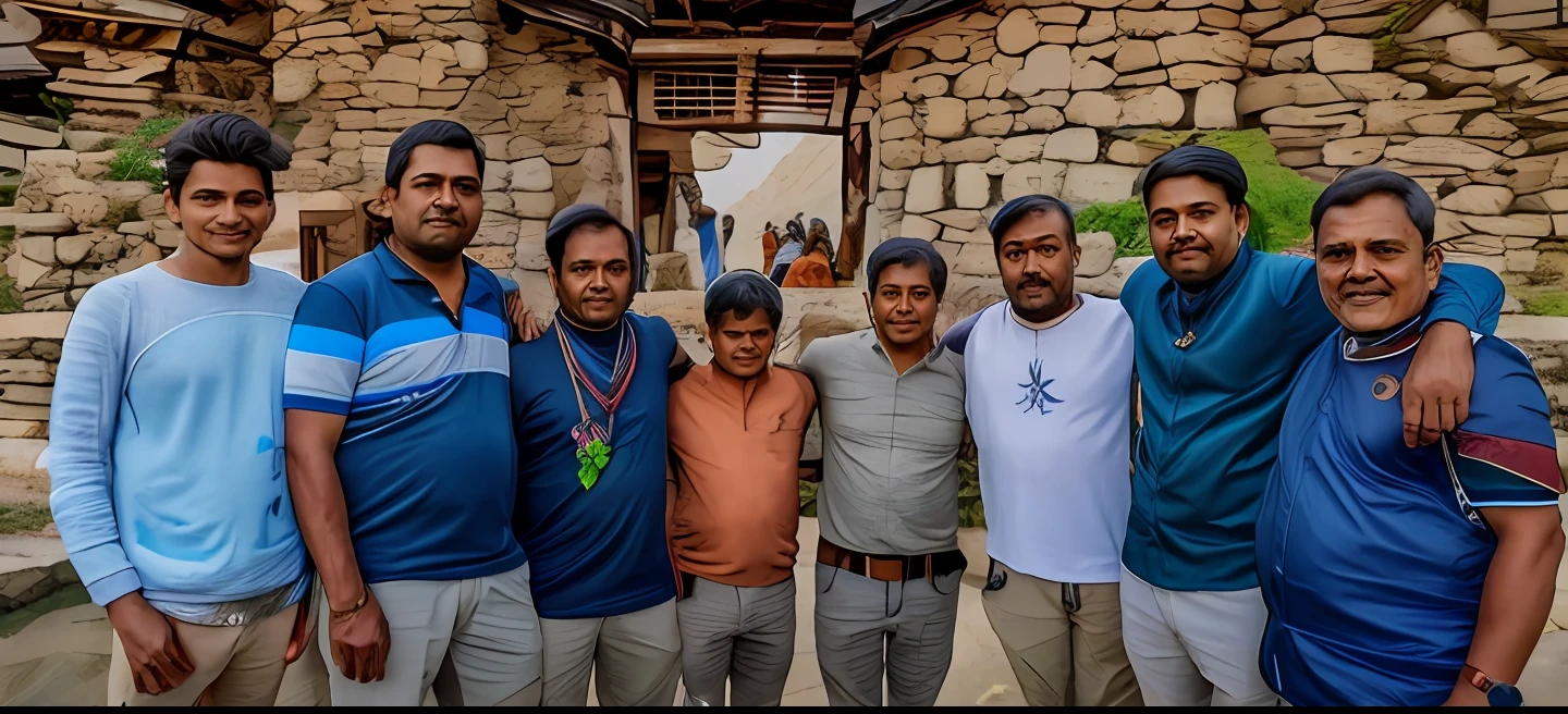 several men standing together in front of a stone building, with village, candid picture, with many travelers, with wet faces!!, photo taken in 2 0 2 0, in group photograph, very very low quality picture, album photo, facebook post, taken with the best dlsr camera, very clear picture, edited, group photo, edited in photoshop,Change this background hill station, realistic face,8k, ultra graphics, all are young mans, very intelligent analysis in face, behind butiful Hindu's religion temple,