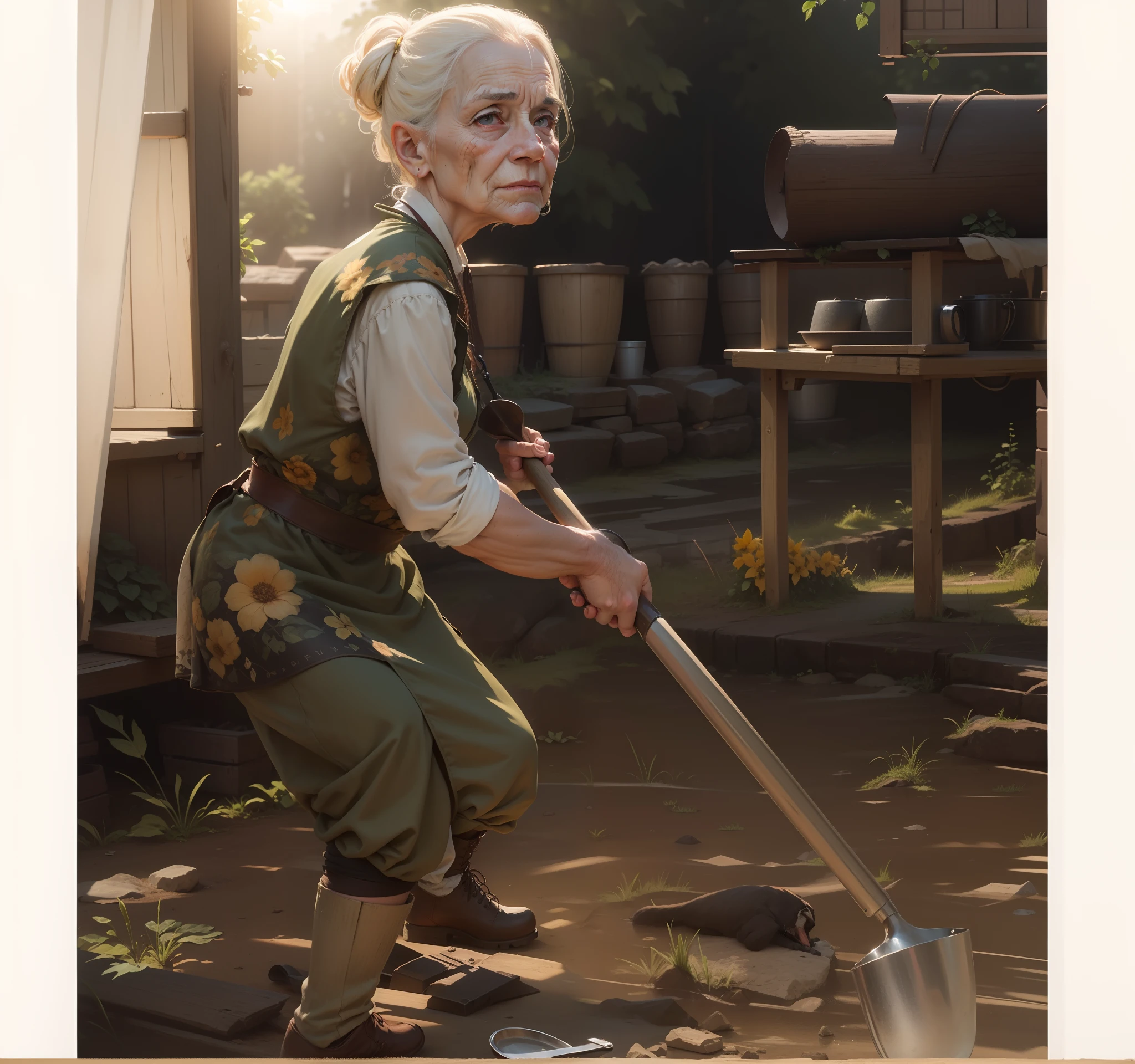 masterpiece, realistic, natural color, ultra details, full color, shallow depth of field, hd, (8k, RAW photo:1,2), hq, out door, holding a hoe, old woman, hate face, sleepy eyes, sunny