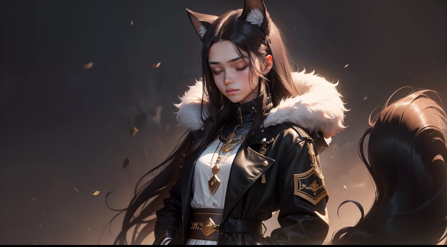 femele,,Majesty,brunette color hair,Long hair and waist,hair straight,Black animal ears,Black fluffy tail,Put your hands in your pockets,Black trench coat,Without background,Head down, Close your eyes and meditate