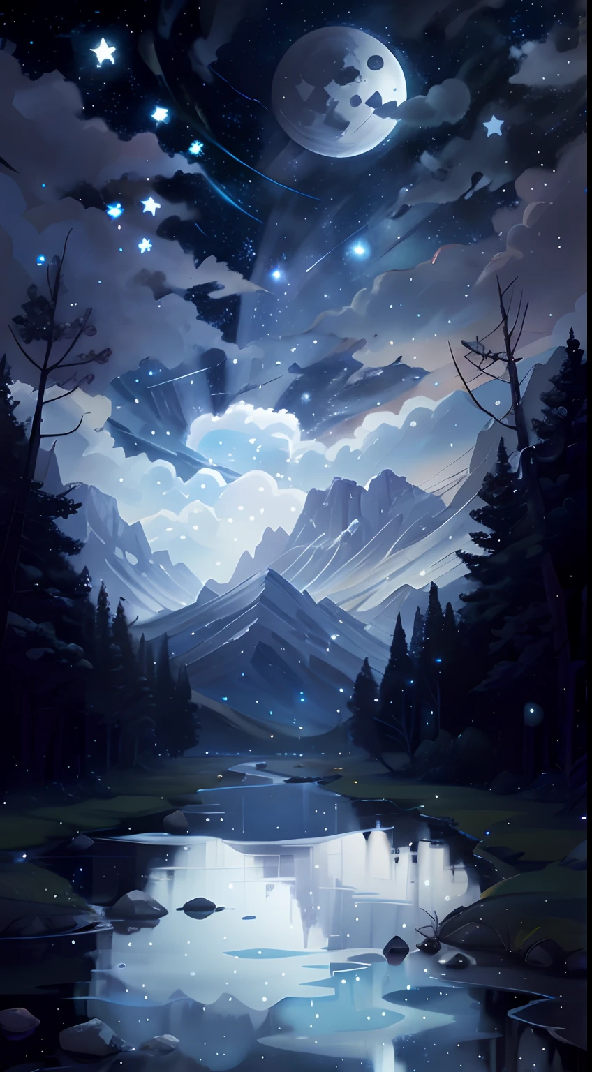 starry night scene with a lake and mountains in the background, 4k highly detailed digital art, 4k detailed digital art, 8k stunning artwork, nighttime nature landscape, 8k hd wallpaper digital art, 8k high quality detailed art, beautiful art uhd 4 k, calm night. digital illustration, 4 k hd wallpaper illustration, concept art wallpaper 4k