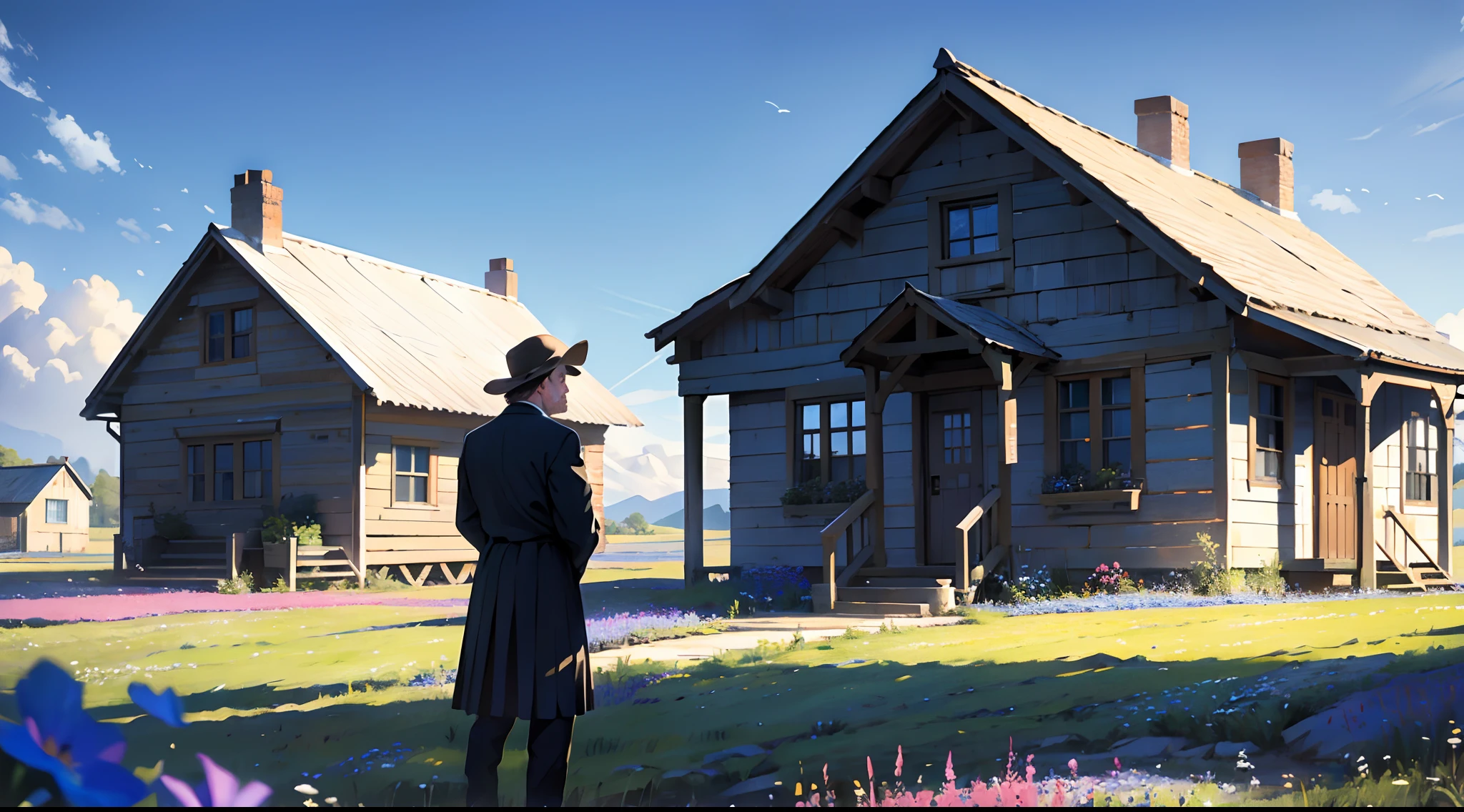 (Best quality), (masterpiece:1.3), (photorealistic:1.36), (realistic), ultra-detailed, detailed background, depth of field, a man standing in a field of a few dead sheep, looking at a small schoolhouse in the distance, under a blue sky with flax flowers. The schoolhouse is the focal point of the image, and there is a contrast between its bright color and the dullness of the field.