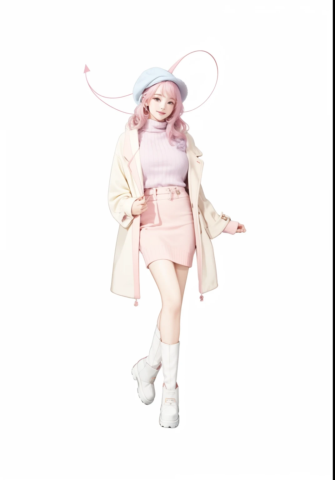 Hanging the camera,Clear details,真实感,Virtual anchor image,Big Beautiful,Long pale pink hair,Lilac hat,Thick pink lilac coat,pale pink sweater,Short blue skirt,Black camera,Brown snow boots,Delicate facial features,laughingly,big breasts beautiful,Biye