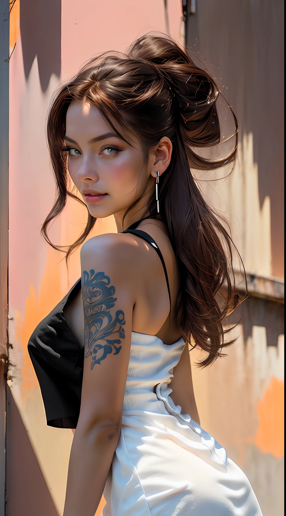 Best quality, realistic, award-winning illustration, (complicated detail: 1.2), (fine detail), (complicated detail), (cinematic lights, best quality), sharp lines, sharp focus, official art, 16k, ultra detailed complex 3d rendering of a beautiful porcelain profile woman android face, cyborg, robotic parts, wearing black and orange cap, splash graphite background, splash dulce de leche, (holding a can of candy:  1.3), anatomical, facial muscles, electrical cables, microchip, wearing black apron with orange, wearing jeans, octane rendering, H. R. Giger style, studio photography, 16k, white background.::  comix style ryuko hikari ::2.9   style ::2.0 comix illustration style ,digital illustration of beautiful female character in toh-yasu drawing style illustrator, anime style, body with futuristic tribal tattoo style designs in dragon shape, serious face and ultra detailed artwork, graffiti style destroyed city scenery with camera focus, (beautiful and clear background:1.2),,((sofía vergara  beautiful woman )), ( detailed eyes and detailed face:1.3), (t-shirt or dress:1.3), (beautiful and clear background:1.2), (extremely detailed, ultra-detailed, best shadow:1.1),bare shoulders, flowers and petals,  , (white background:0.5), (illustration :1.1), (extremely fine and beautiful girl:1.1), (perfect details:1.1)