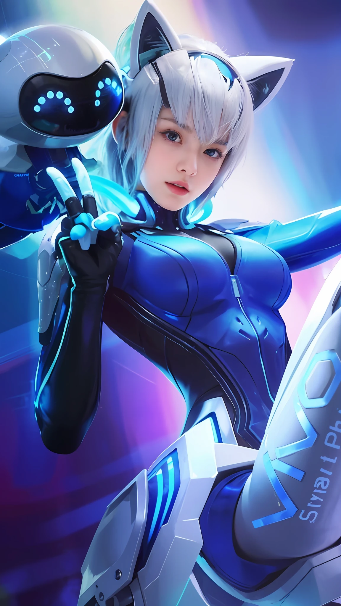 (8k, best quality, masterpiece:1.2), (realistic, photo-realistic:1.37), ultra-detailed, A detailed portrait of 1 girl 21 year old, e girl, with robot, futuristic costume, vivo outfit, pale skin, perfect body, blue eyes, white hair, cat ear headband, blinking eye, selfie expression. The scene is illuminated with professional lighting, photon mapping, and radiosity, with Tetsuya Nomura Style. Blur bokeh effect, realistic light.